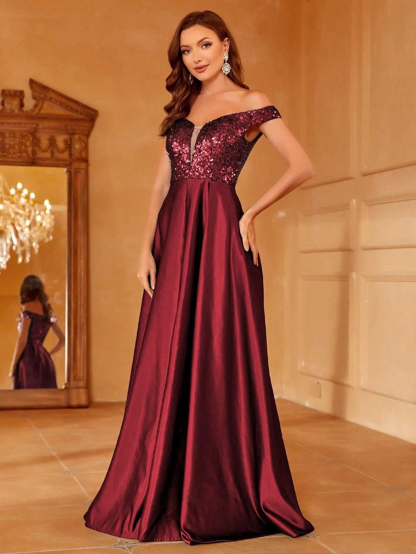 Off Shoulder Contrast Sequin Satin Prom Dress