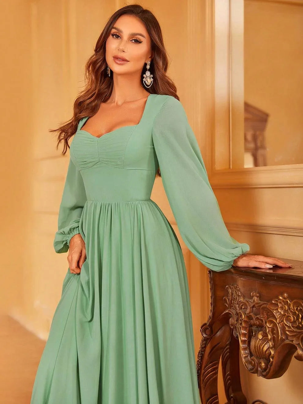 Solid Lantern Sleeves Chiffon A Line Dress