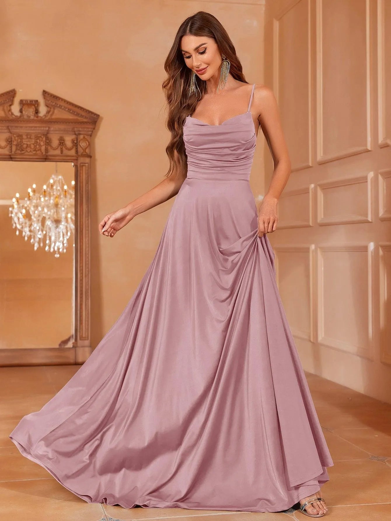 Elegant Ruched Draped Collar Cami Bridesmaid Dress