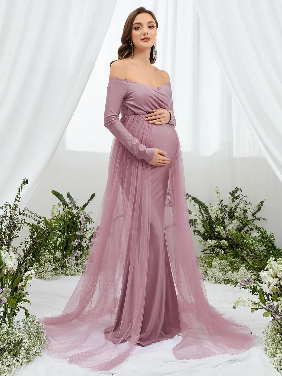 Maternity Off Shoulder Contrast Mesh Mermaid Dress