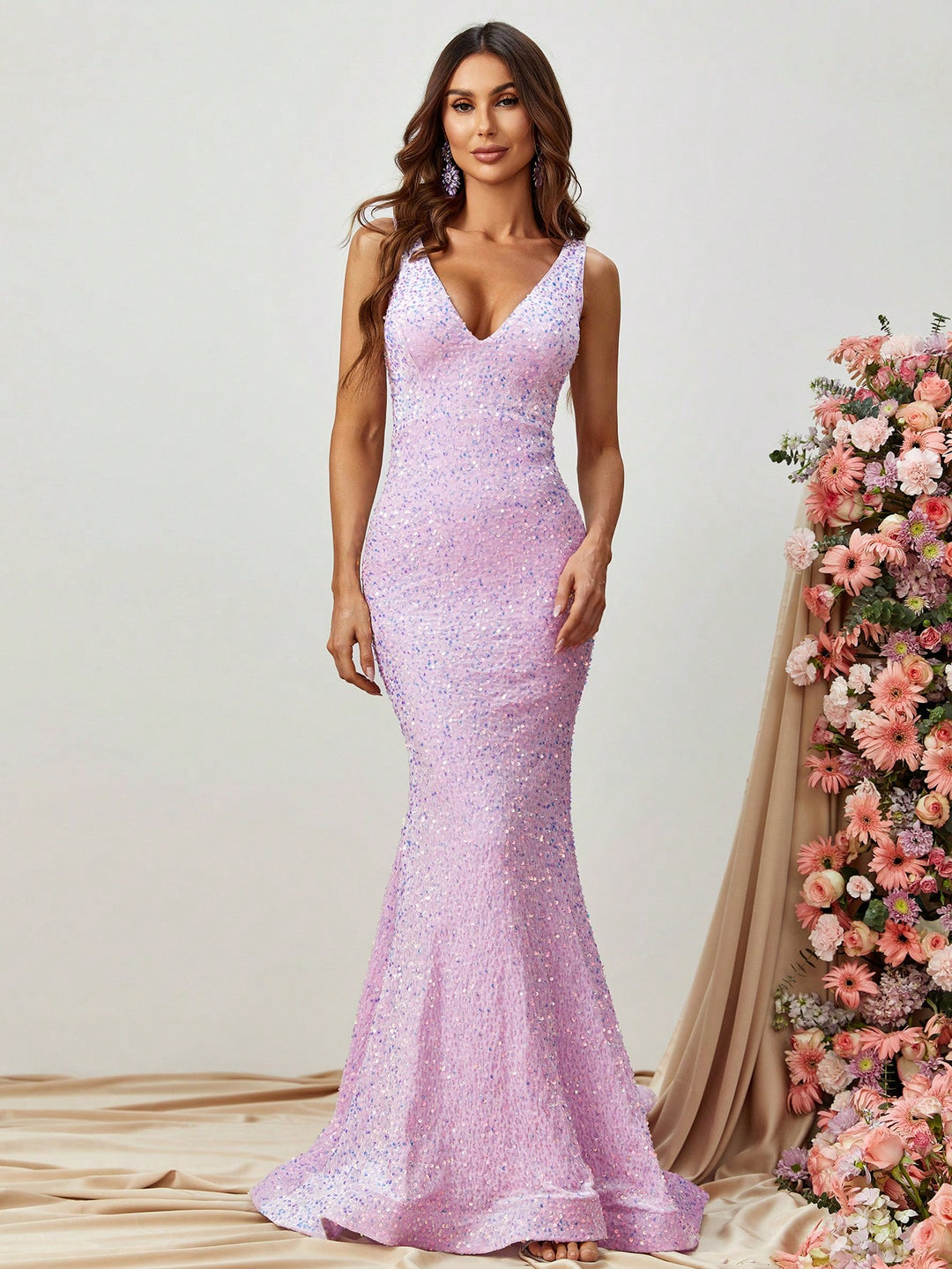 Plunging Neck Sleeveless Sequin Mermaid Dresses