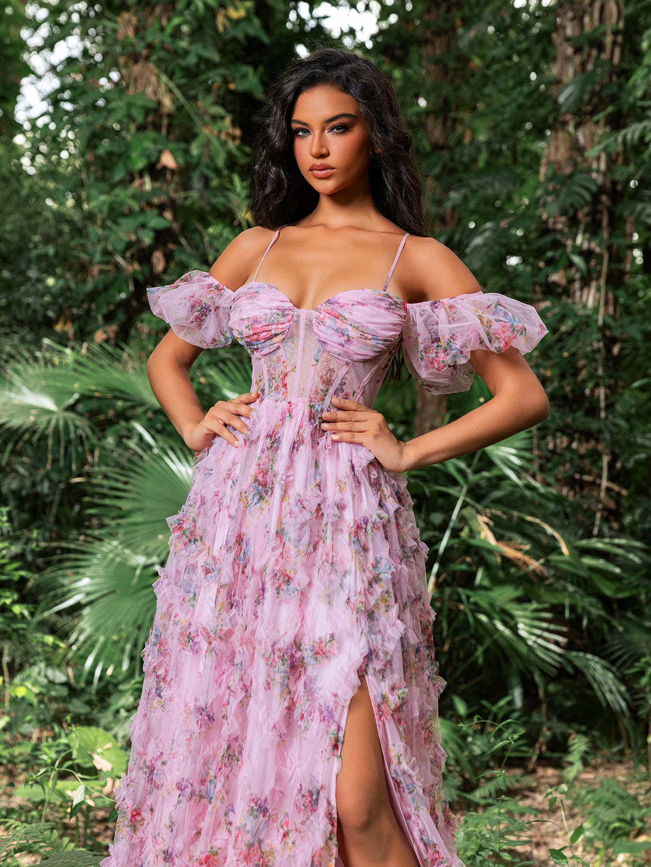 Floral Tulle Off Shoulder Cascading Ruffle Hem Slip Prom Dress