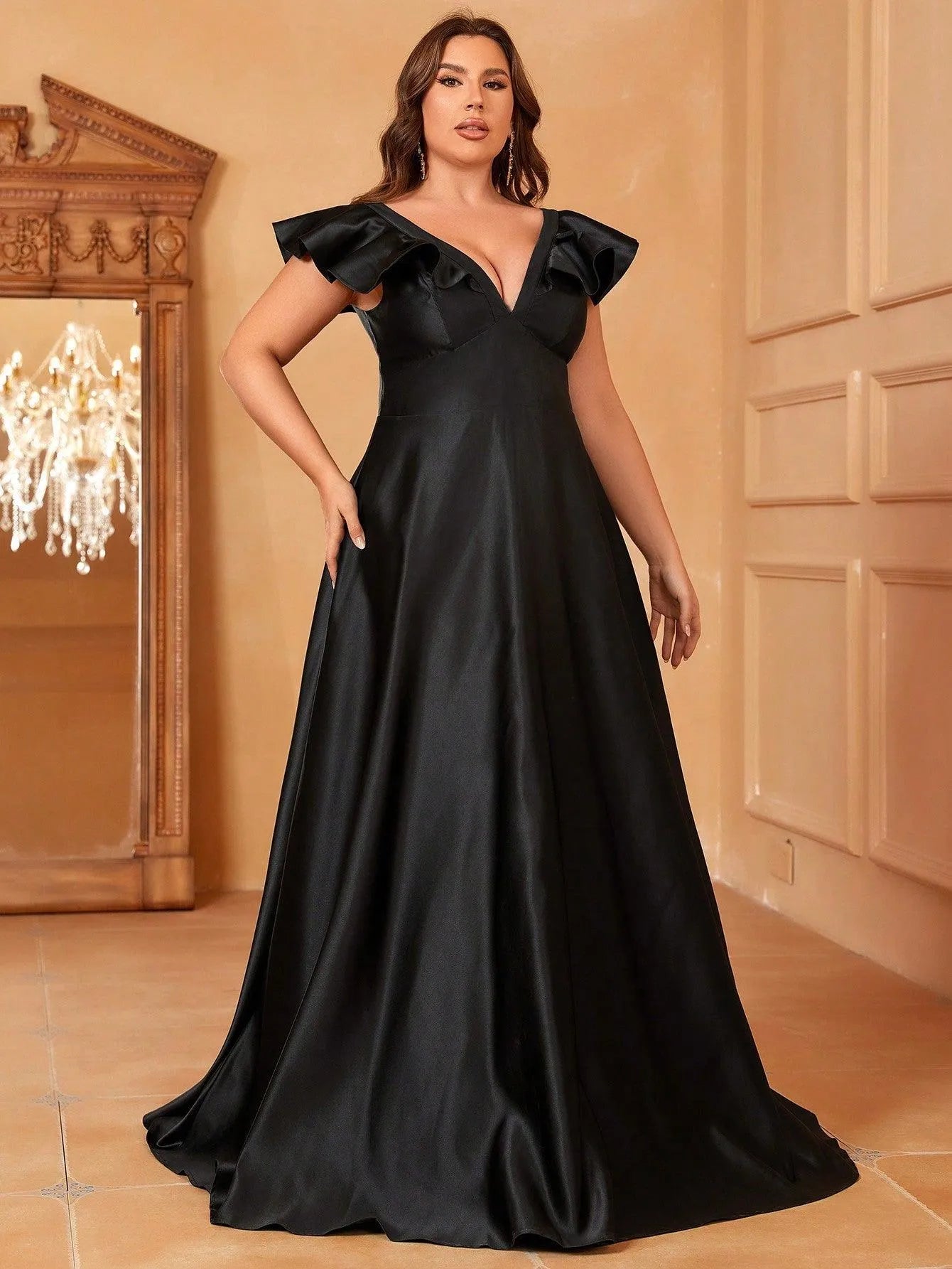 Plus Ruffle Trim Deep V Neck Satin Formal Dress