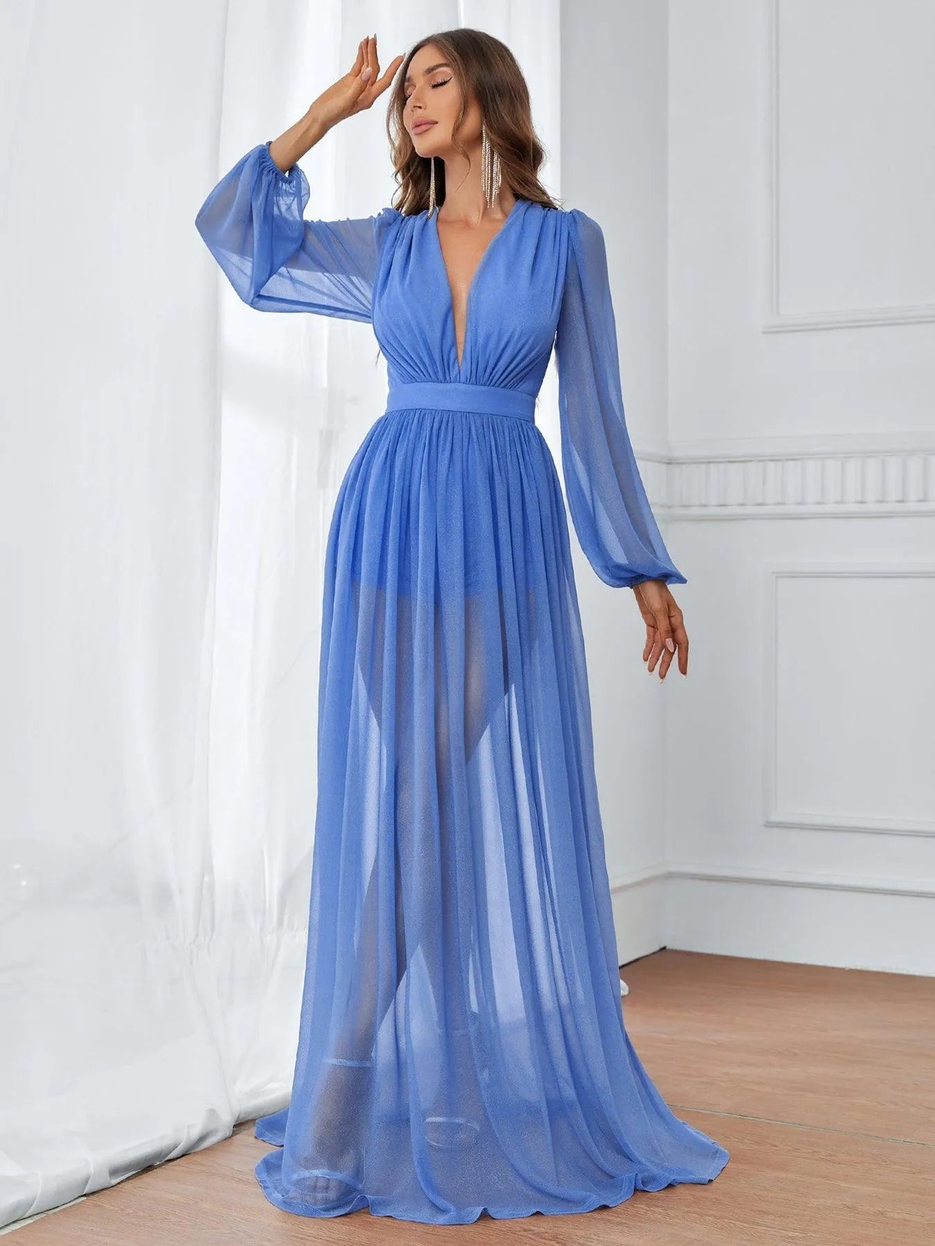 Plunging Neck Lantern Sleeve Floor Length A Line Dress