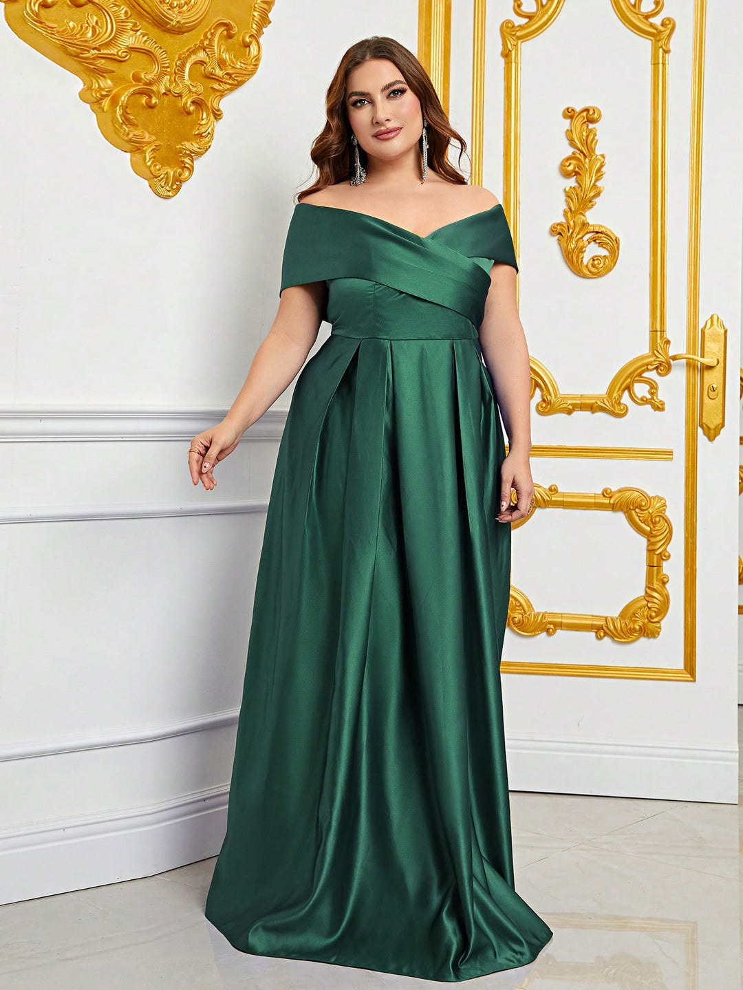 Plus Elegant Off Shoulder Satin A Line Gown