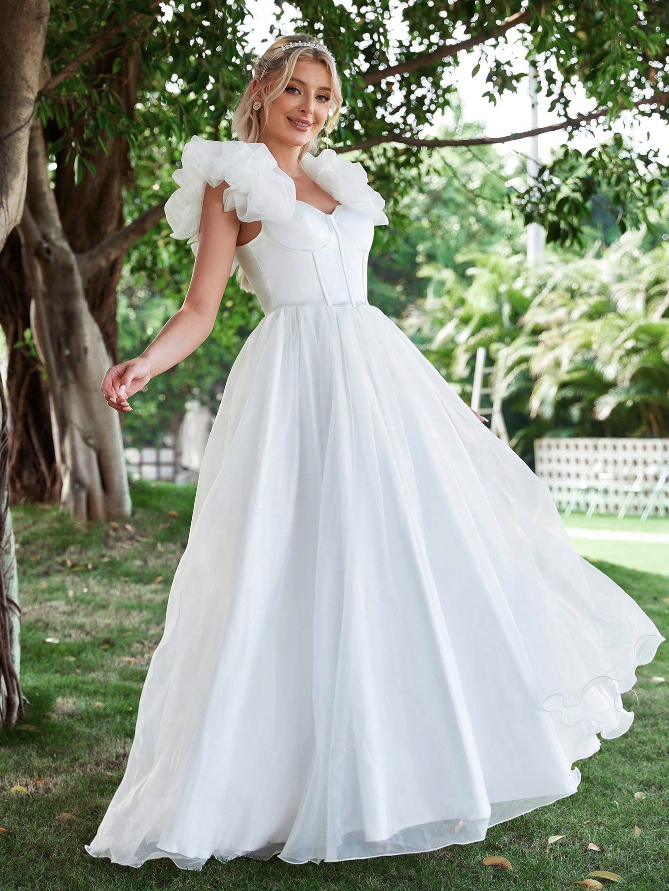 Satin Bodice Contrast Organza Hem Brides Dress