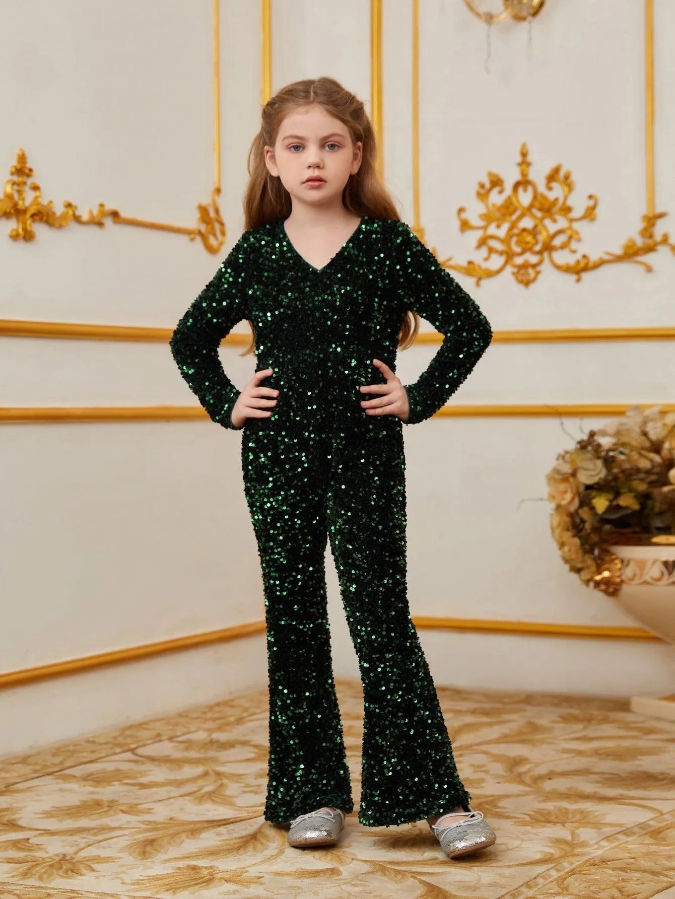 Tween Girls' V Neck Long Sleeves Sequin Jumpsuit