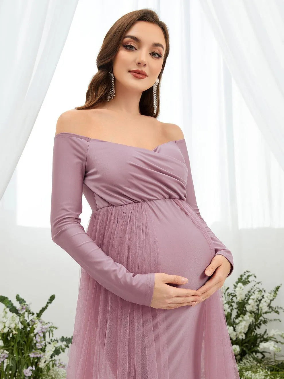 Maternity Off Shoulder Contrast Mesh Mermaid Dress