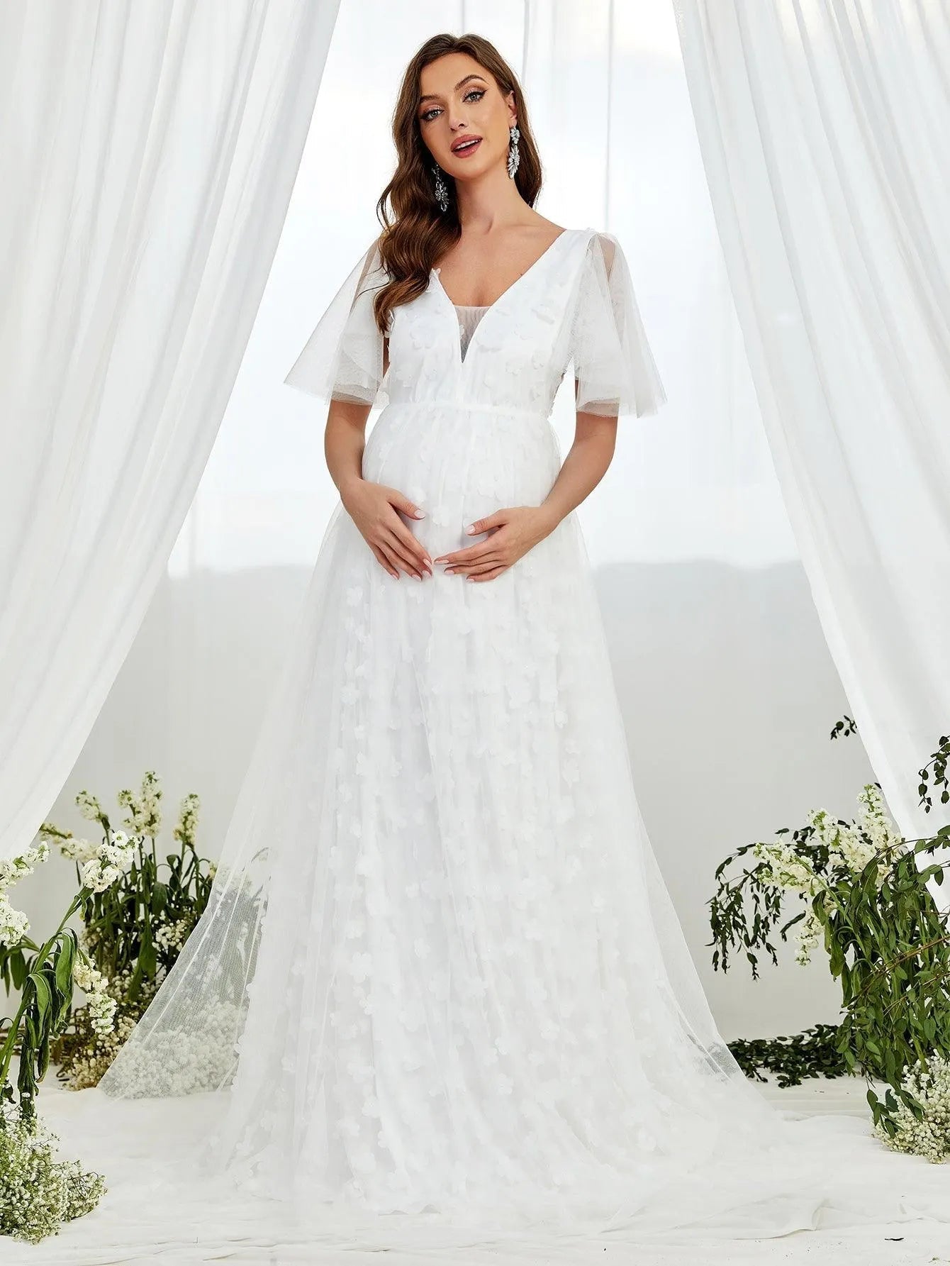 Maternity Butterfly Sleeve Floral Applique Mesh Wedding Dress