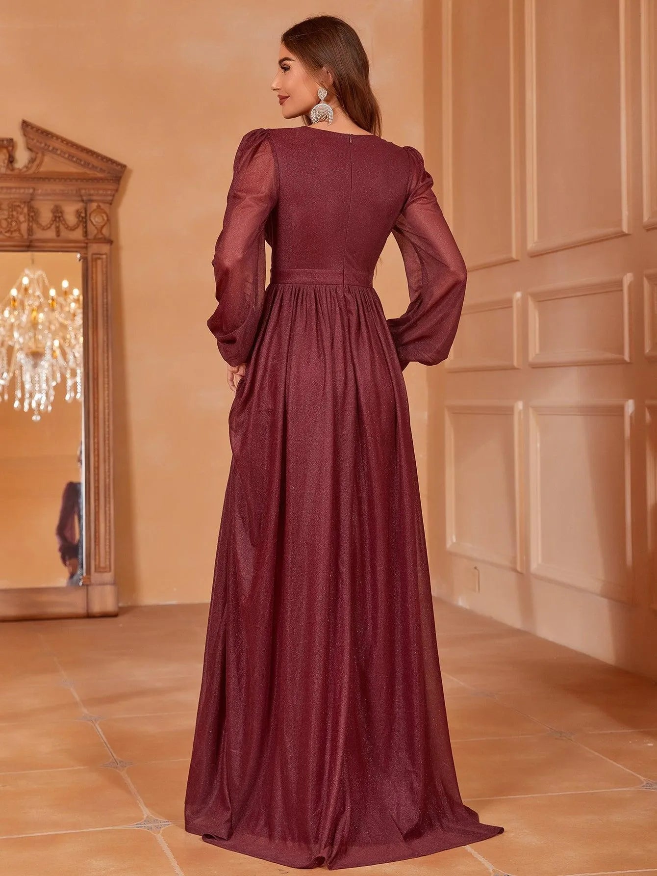 Elegant V Neck Lantern Sleeves Maxi A Line Dress