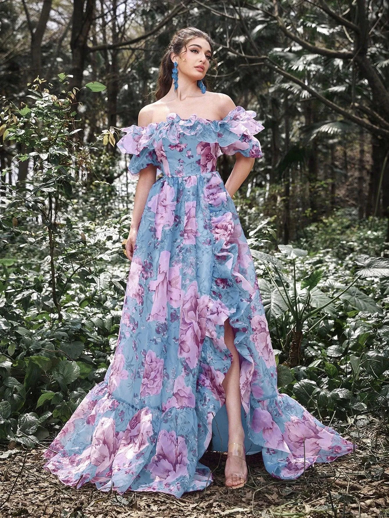 Elegant Ruffle Trim Off Shoulder Floral Organza Prom Dress