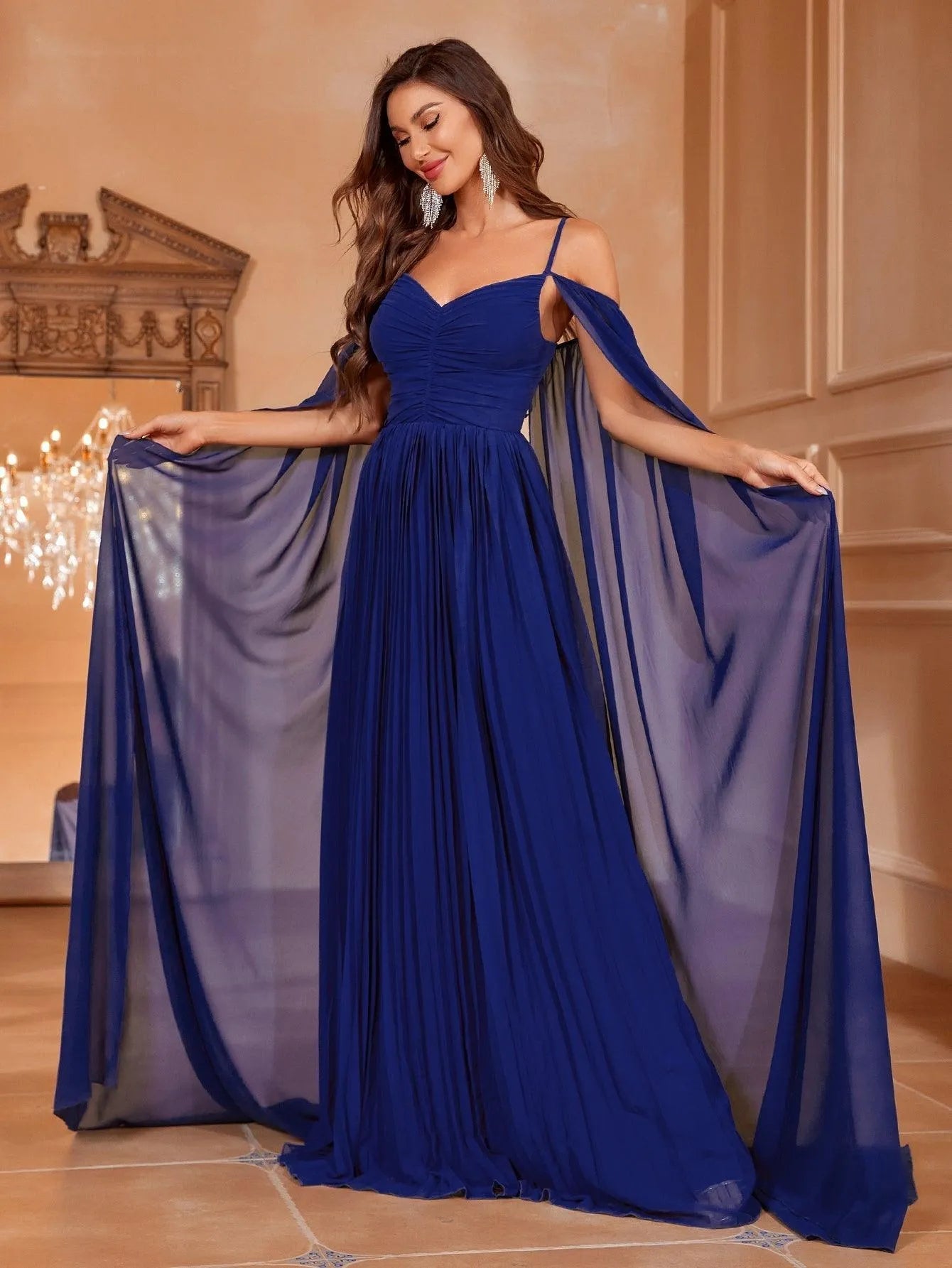 Solid Ruched Front Cloak Sleeve Chiffon Formal Dress