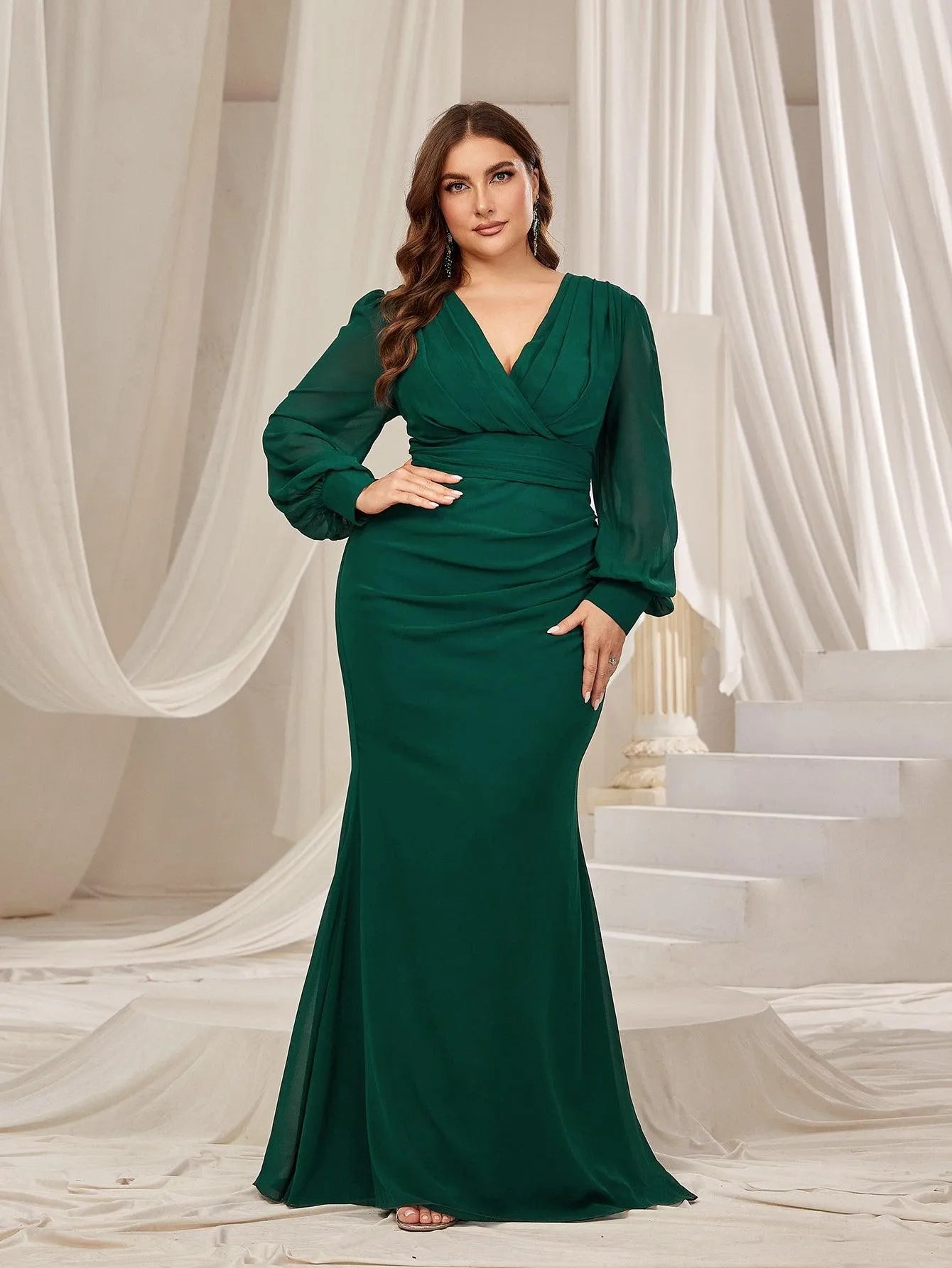 Plus Surplice Neck Lantern Sleeves Chiffon Formal Mermaid Dress