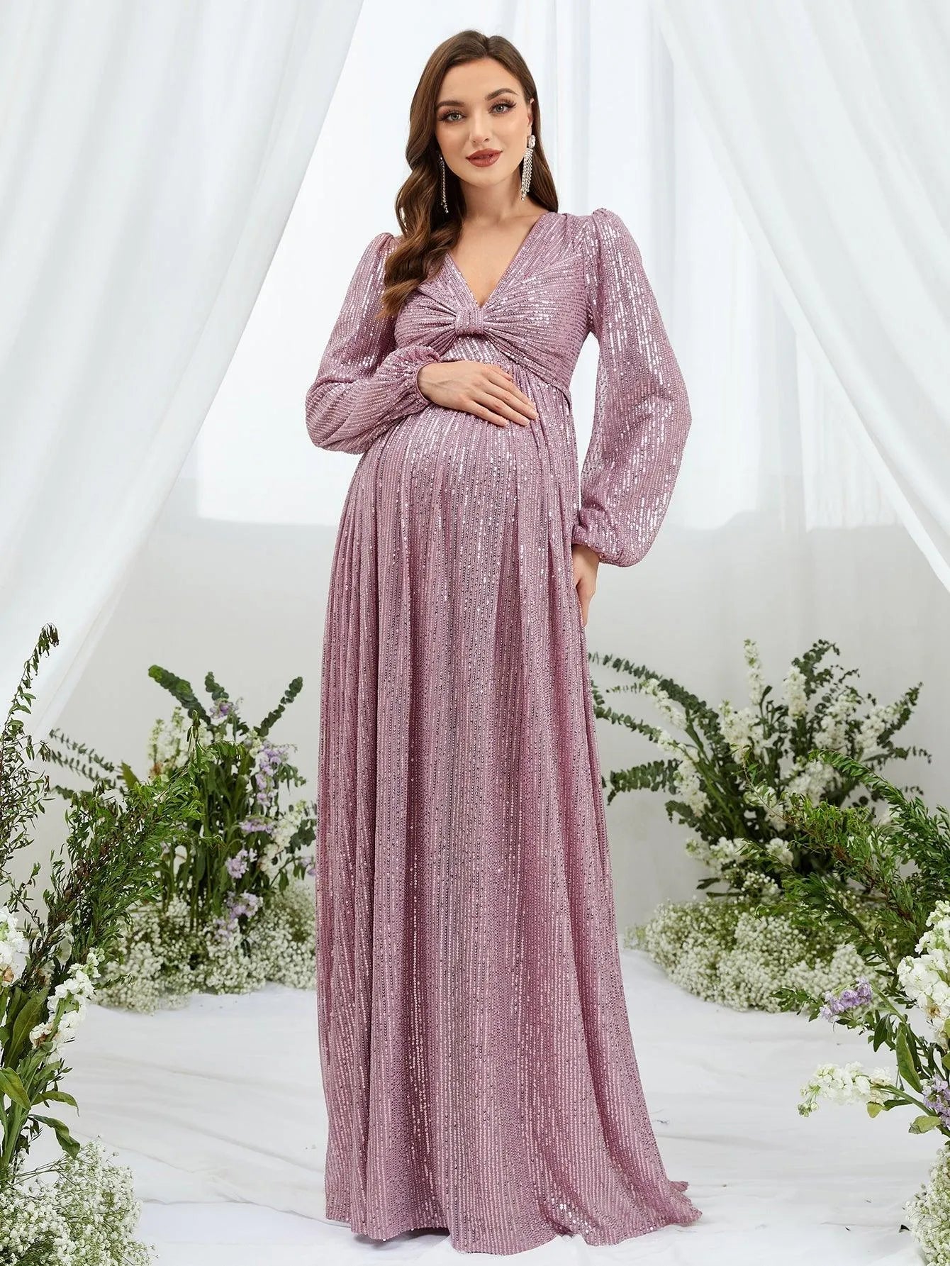 Maternity Ruched Bust Lantern Sleeve Sequin Party Dress