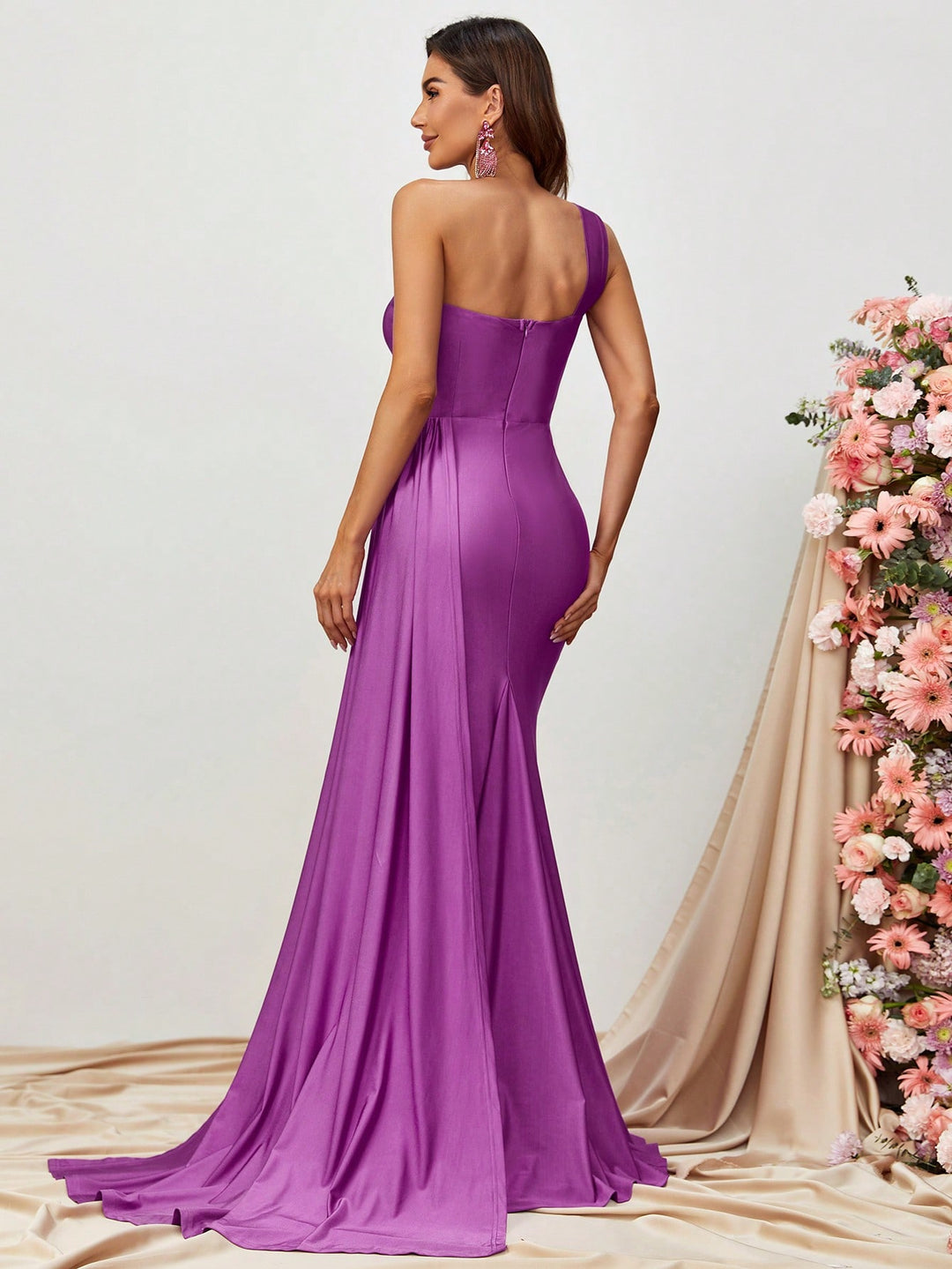 Elegant One Shoulder Sleeveless Satin Slit Dress