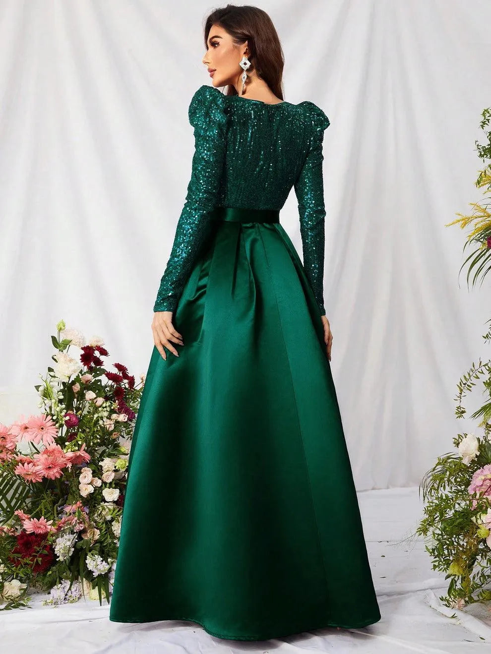 Elegant V Neck Gigot Sleeve Slit A Line Prom Dress