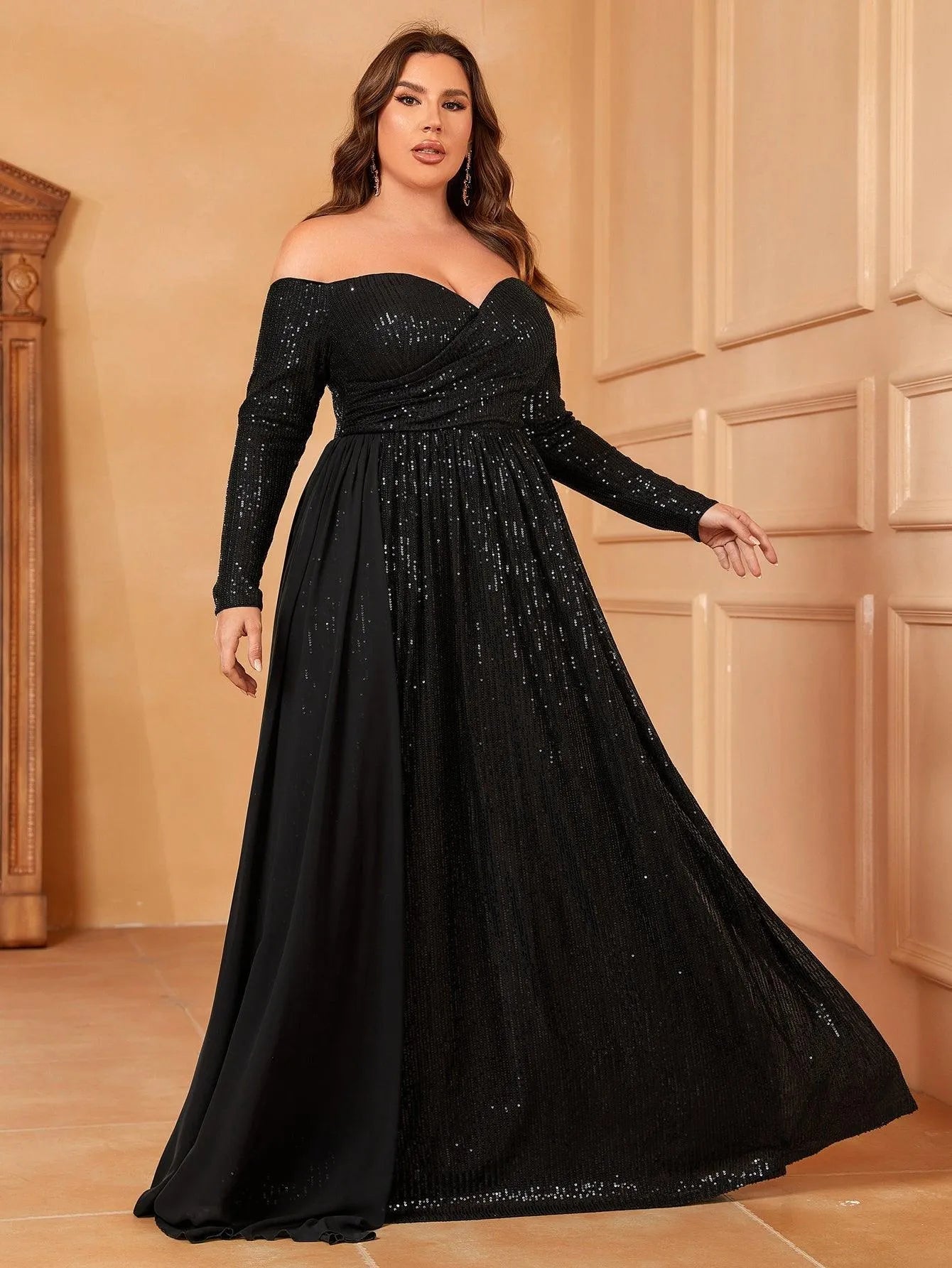 Plus Off Shoulder Draped Side Sequin Formal Dresses