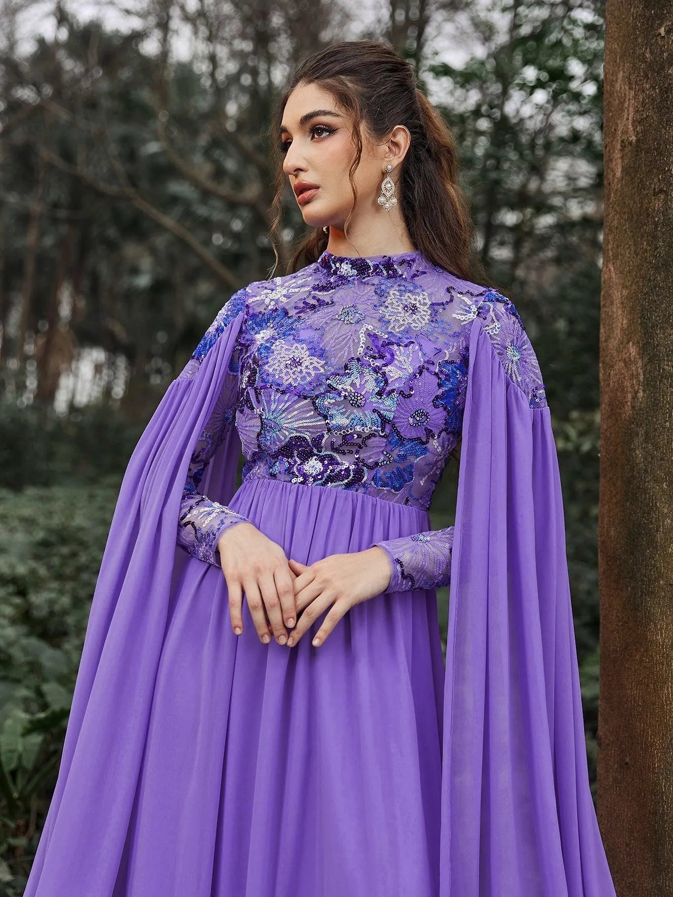 Mock Neck Cloak Sleeves Contrast Floral Sequin Prom Dress