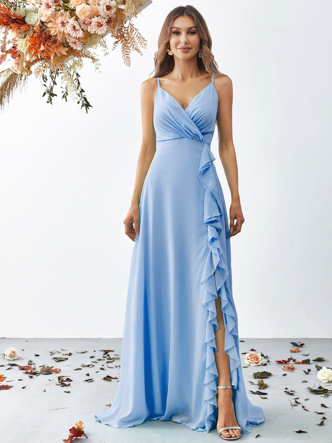 Elegant V Neck Sleeveless Ruffle Slit Chiffon A Line Dresses