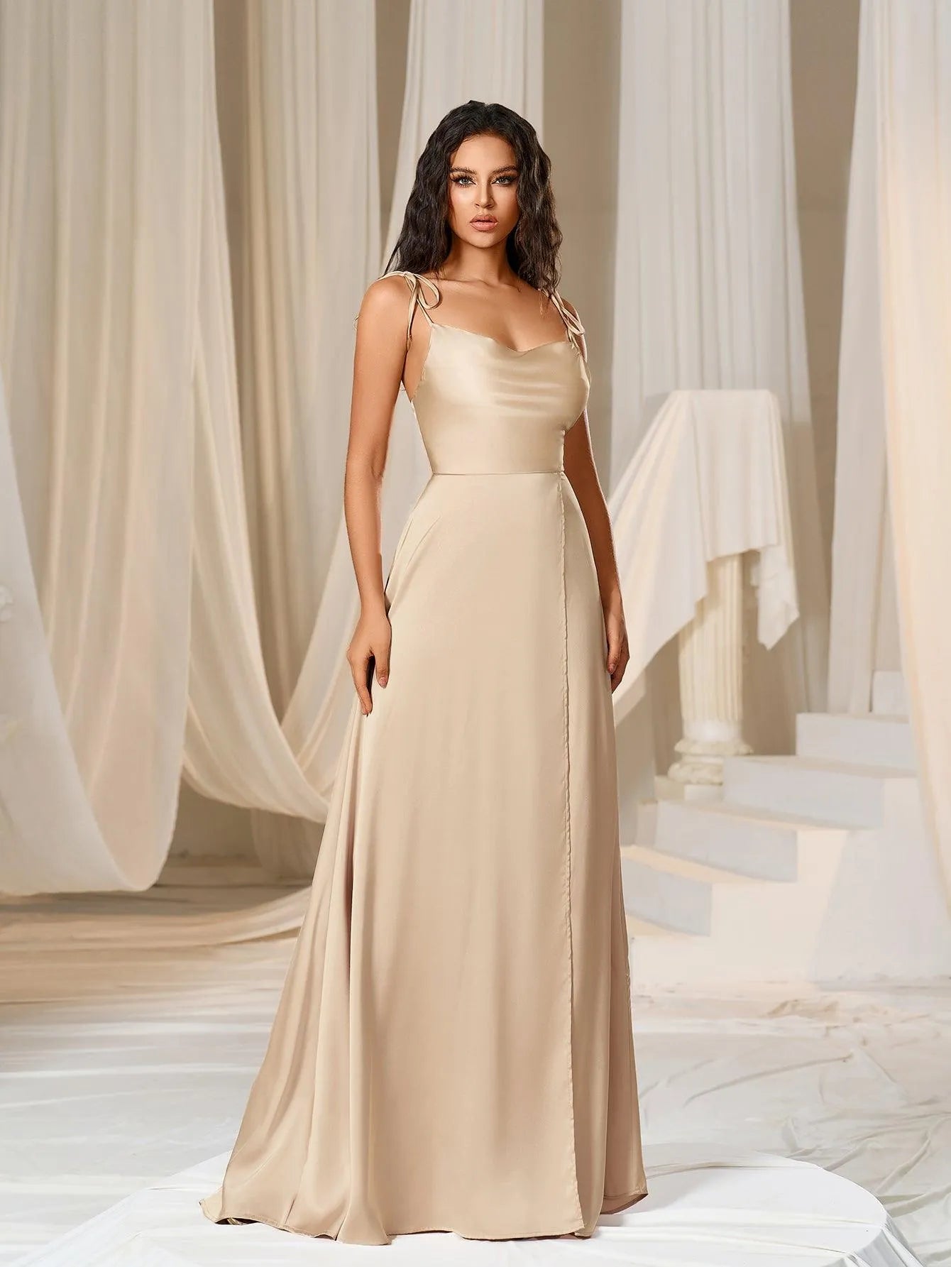 Elegant Tie Shoulder Satin Bridesmaid Dress