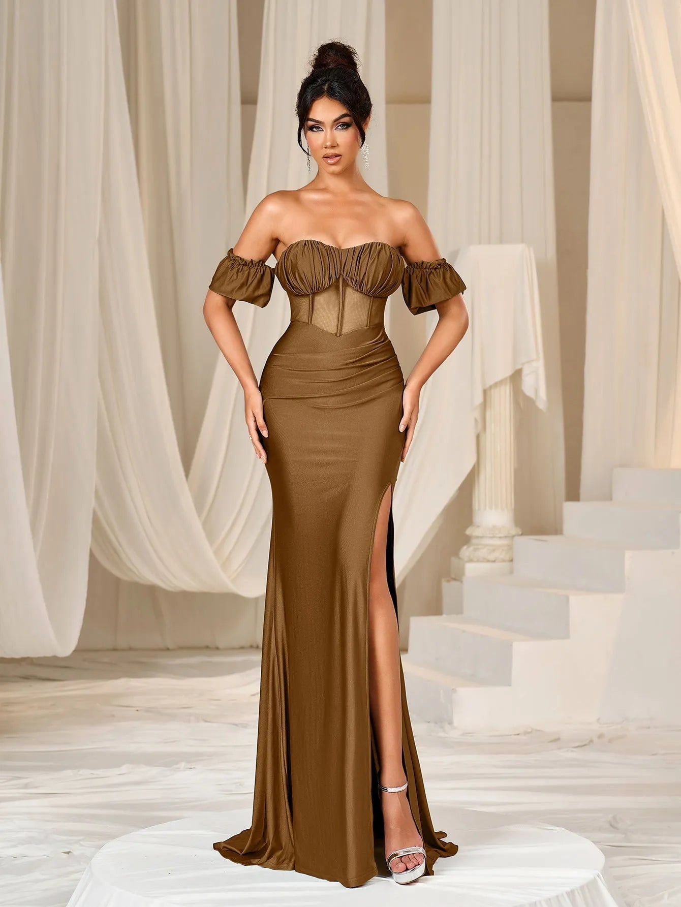 Elegant Off Shoulder Ruched Bust Split Mermaid Hem Evening Dress