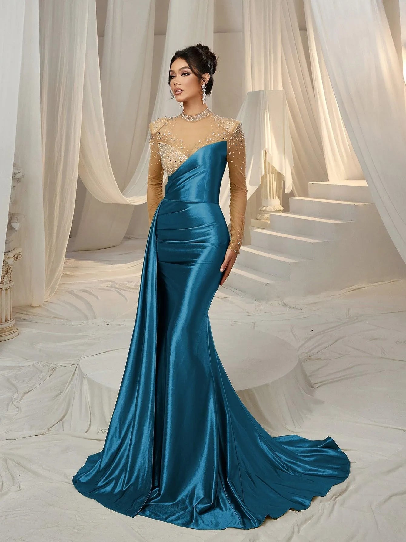 Rhinestone Detail Mock Neck Satin Mermaid Prom Dress