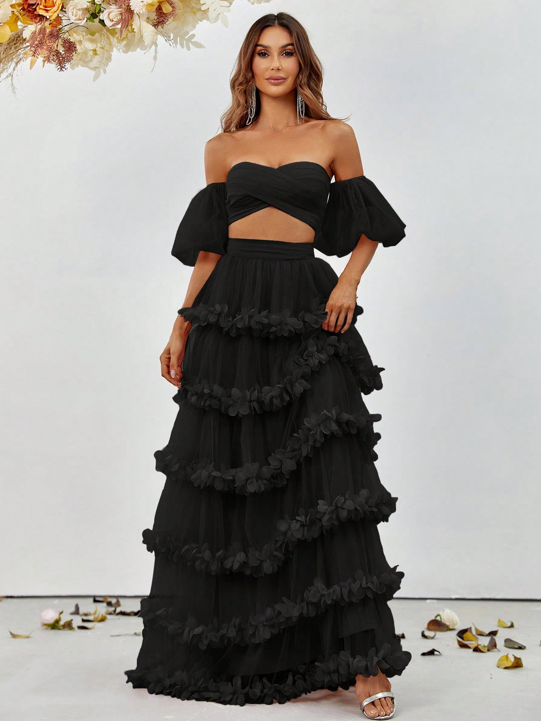 Off Shoulder Puff Sleeve Crop Top & Frill Trim Mesh Skirt