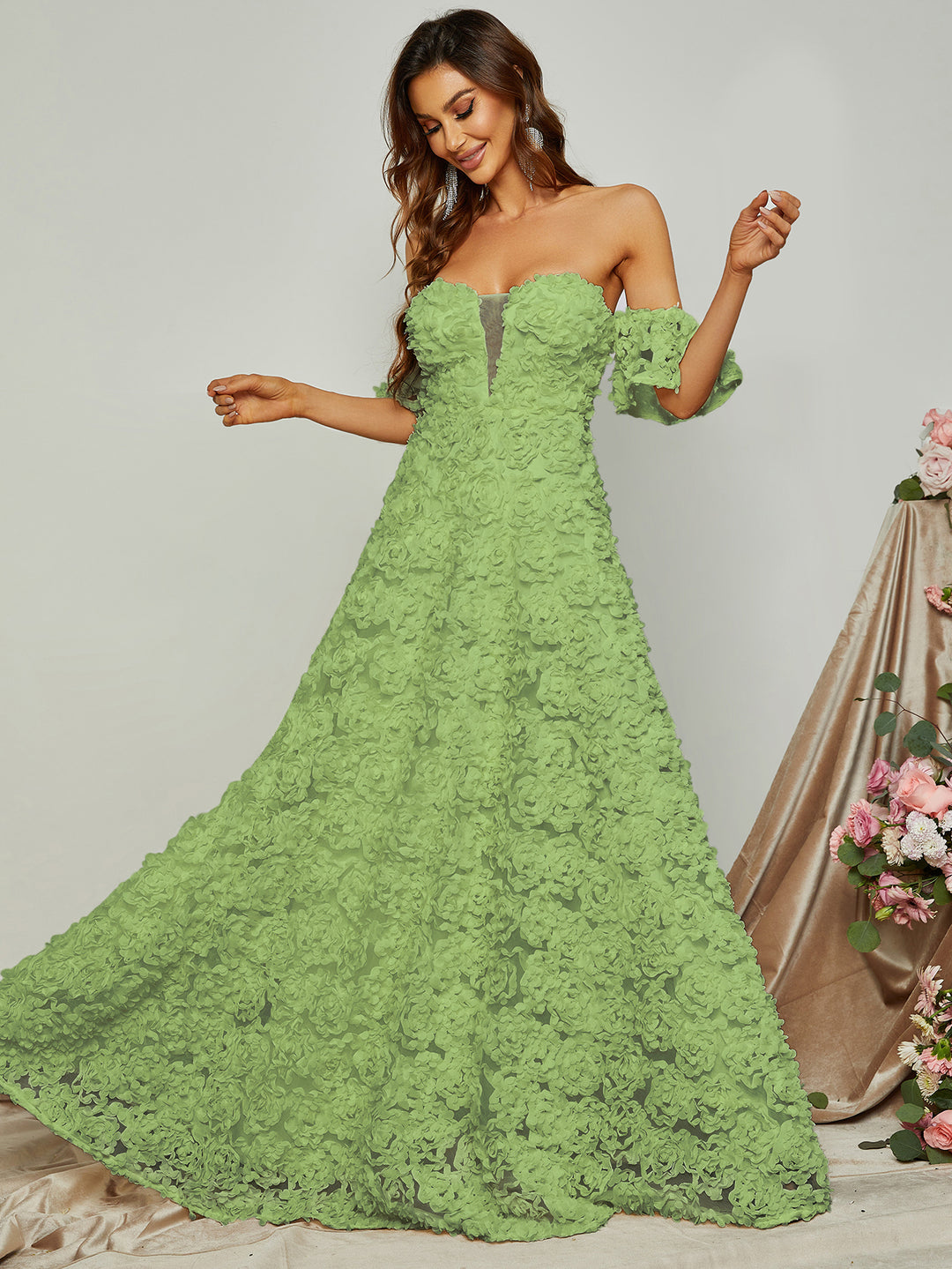 Off Shoulder 3D Flower A-Line Dresses