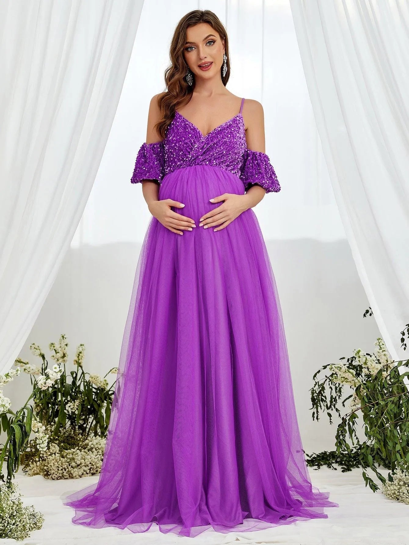 Maternity Cold Shoulder Sequin Bodice Contrast Mesh Hem Dress