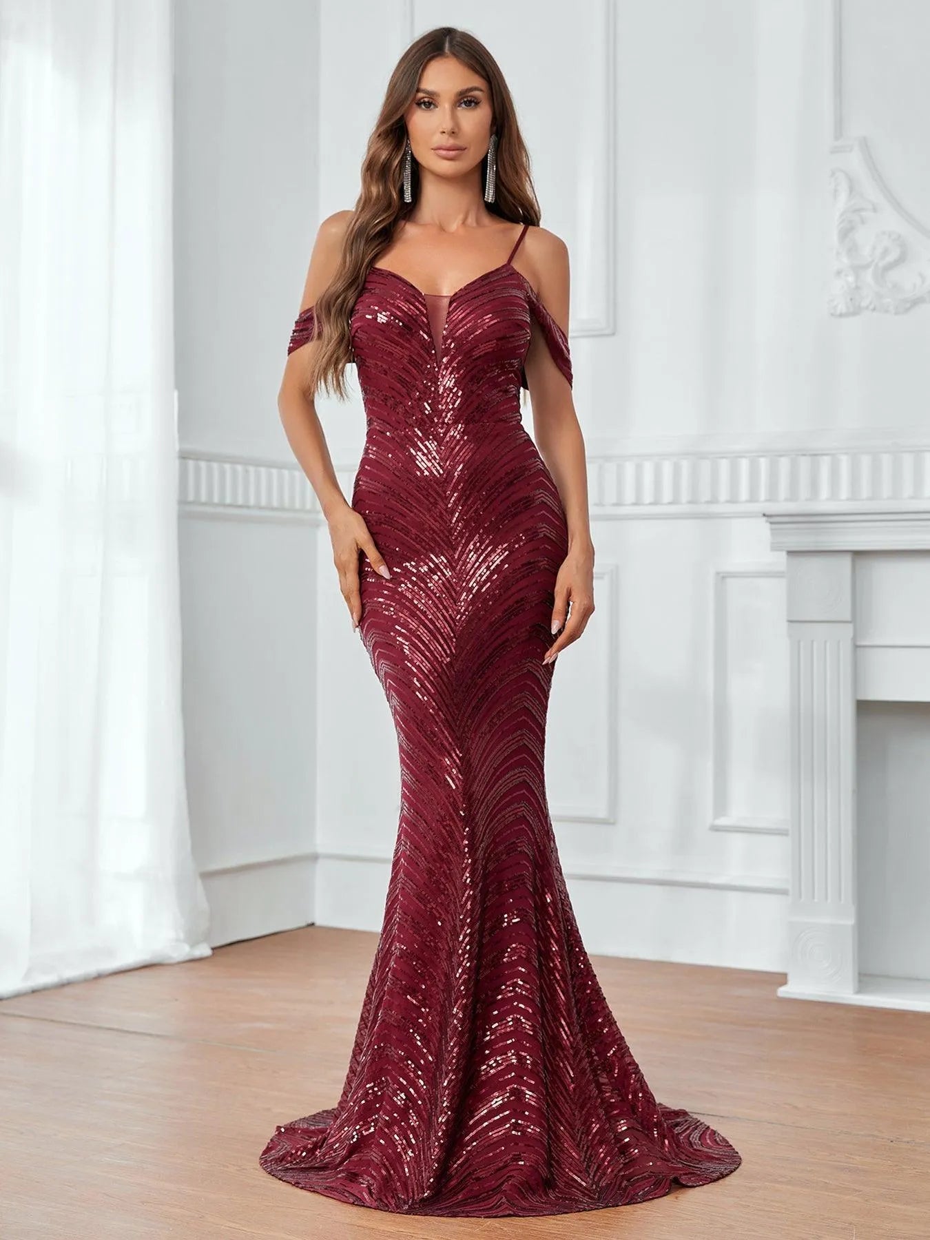 Cold Shoulder Backless Sequin Mermaid Dresses