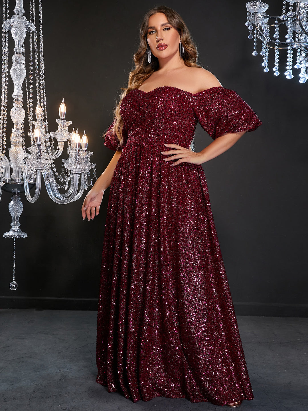 Plus Elegant Off Shoulder Short Sleeve Sequin A Line Dresses