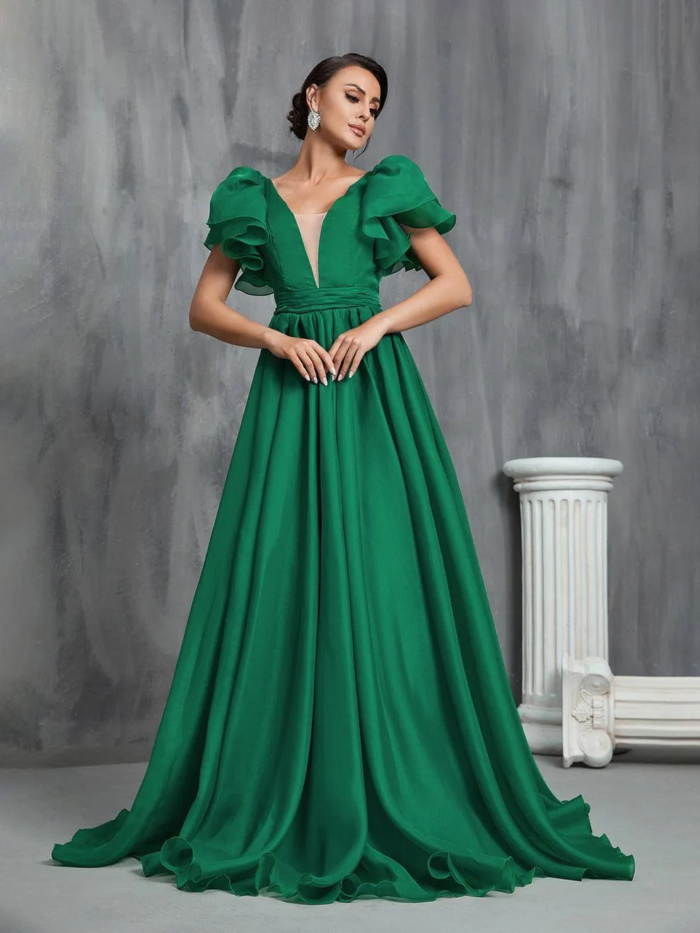 Backless Layered Sleeves Organza Prom Dress