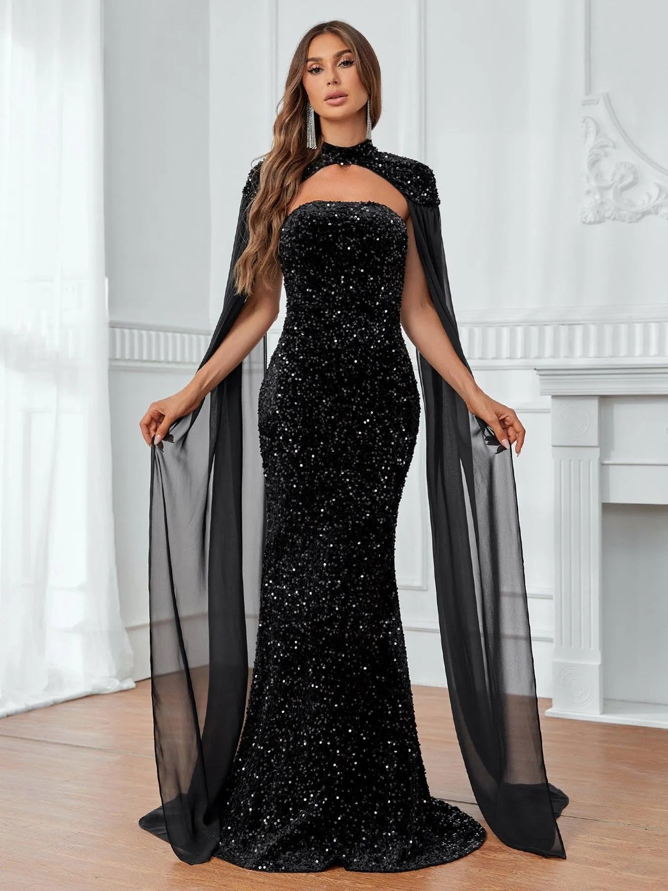 Black Chiffon Cloak Sleeves Sequin Tube Dress