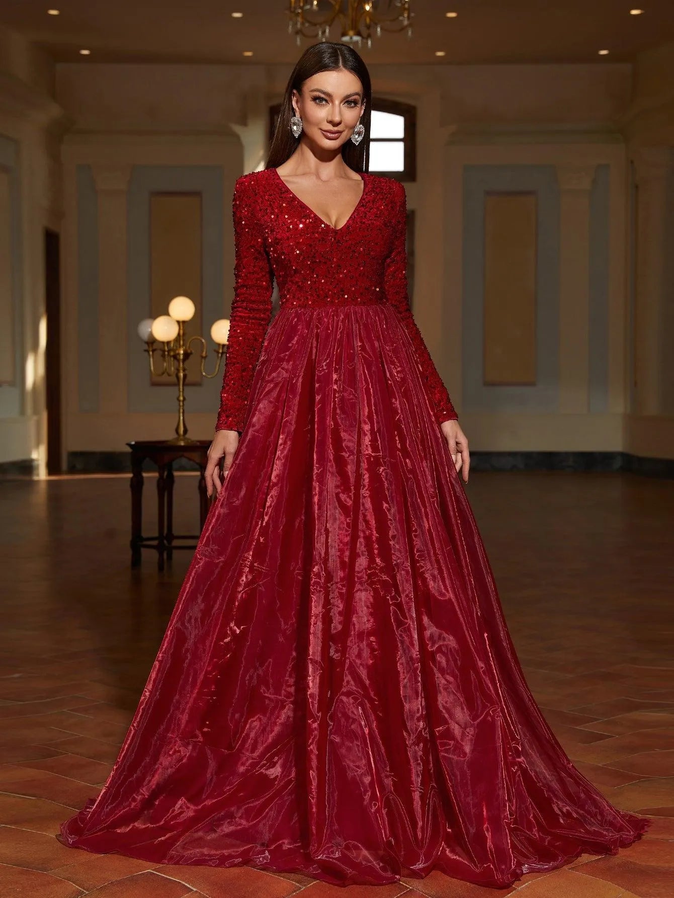 Classic Long-Sleeved V-Neck Formal Dress