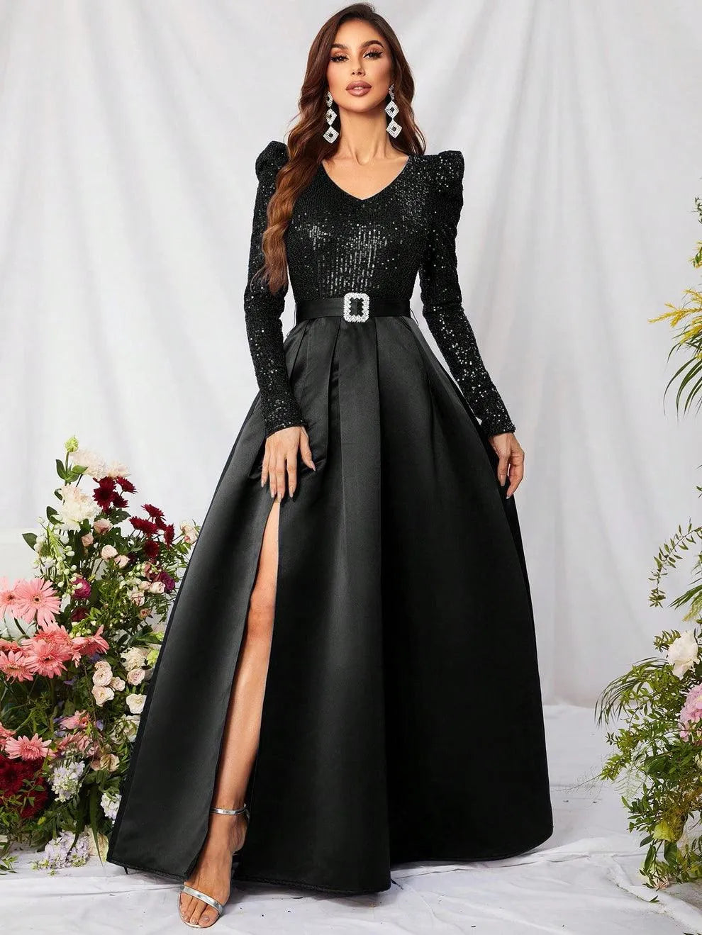 Elegant V Neck Gigot Sleeve Slit A Line Prom Dress