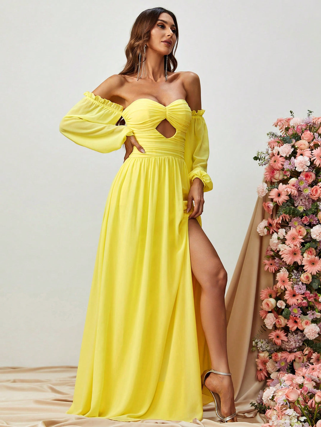 Elegant Off Shoulder Cut Out Ruched Split Thigh A Line Dress