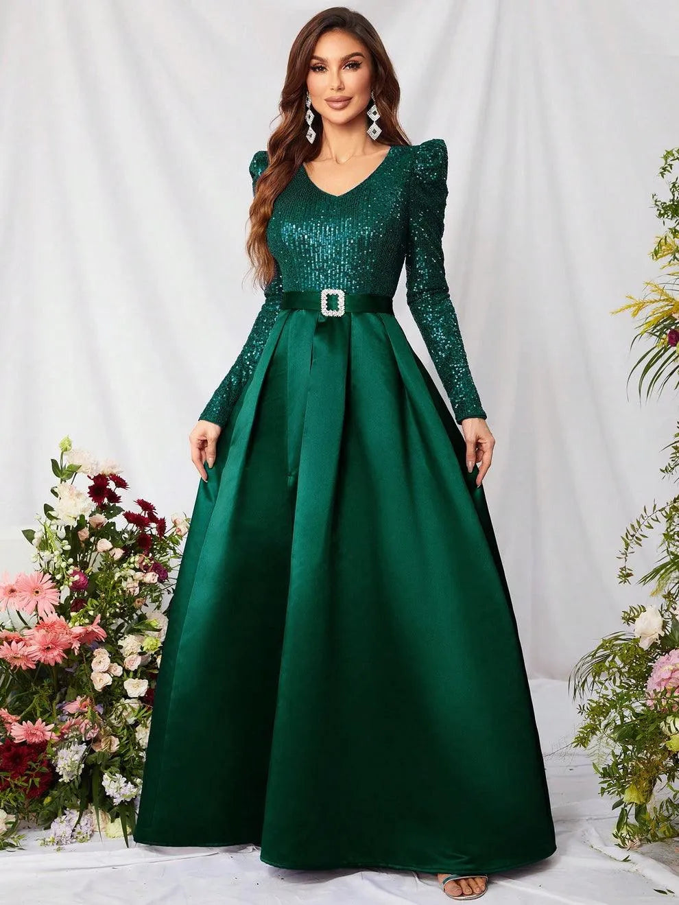 Elegant V Neck Gigot Sleeve Slit A Line Prom Dress