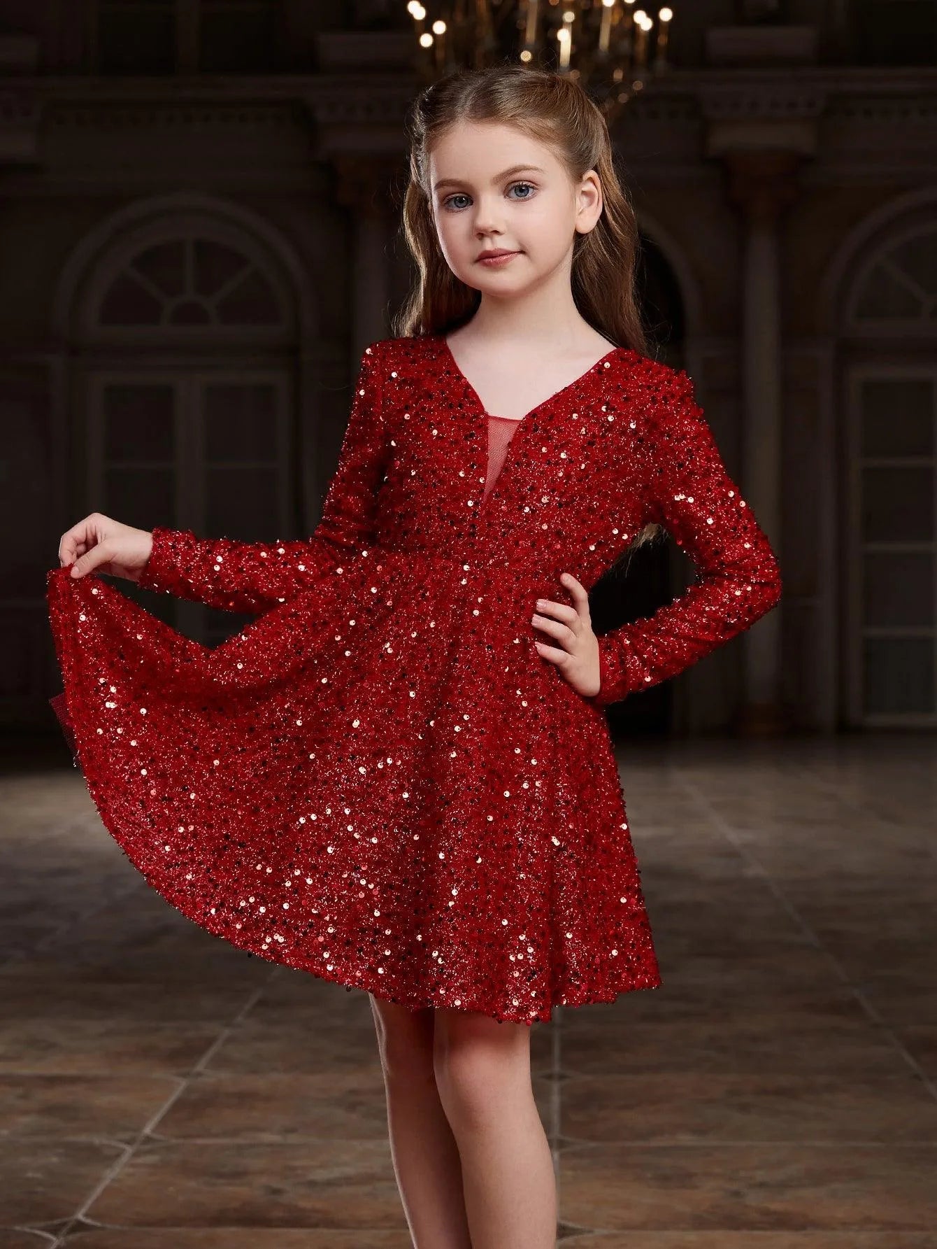 Tween Girls' V Neck Backless Sequin Party Dress