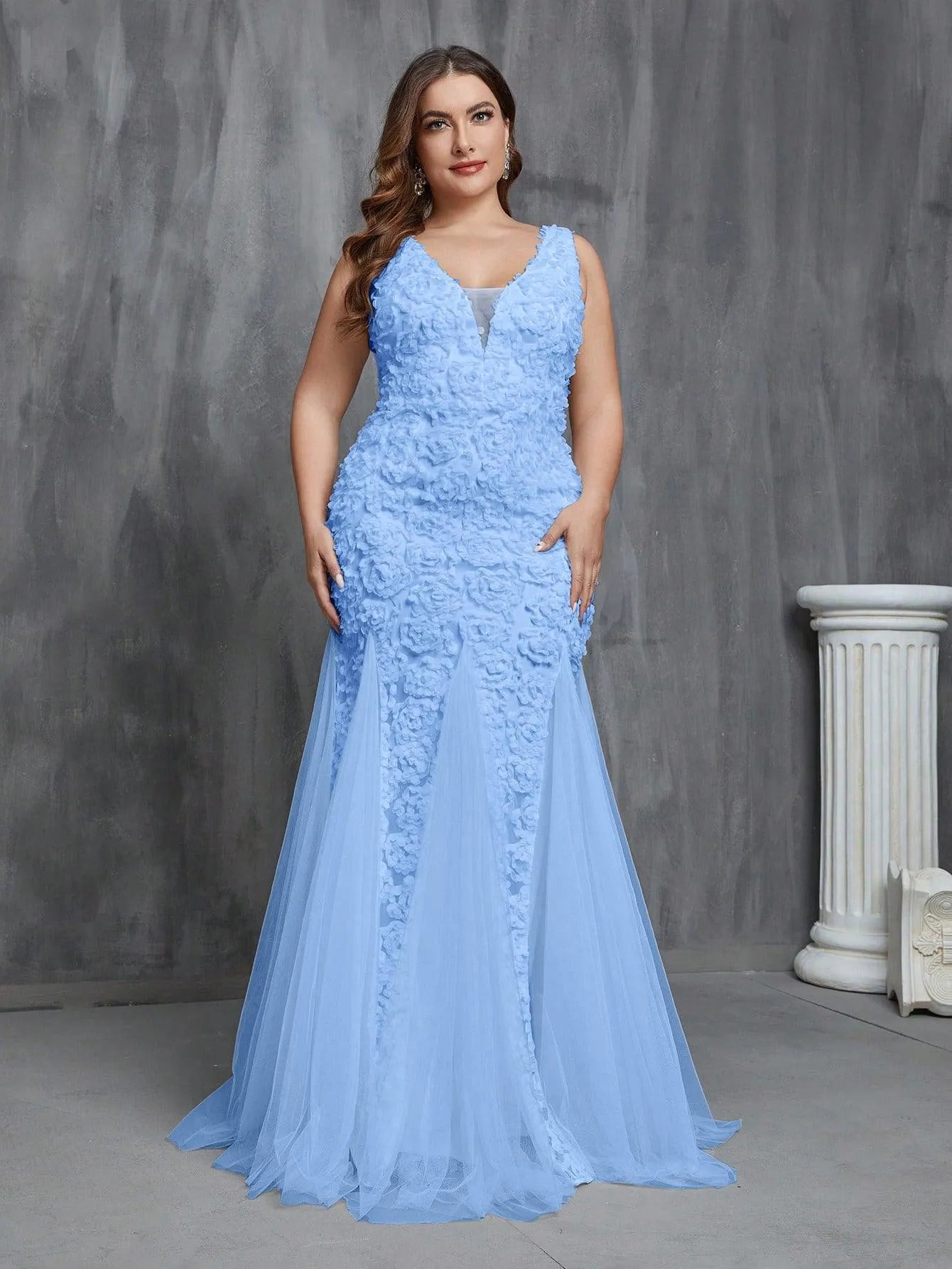 Plus Plunging Neck Mermaid Hem Wedding Dress