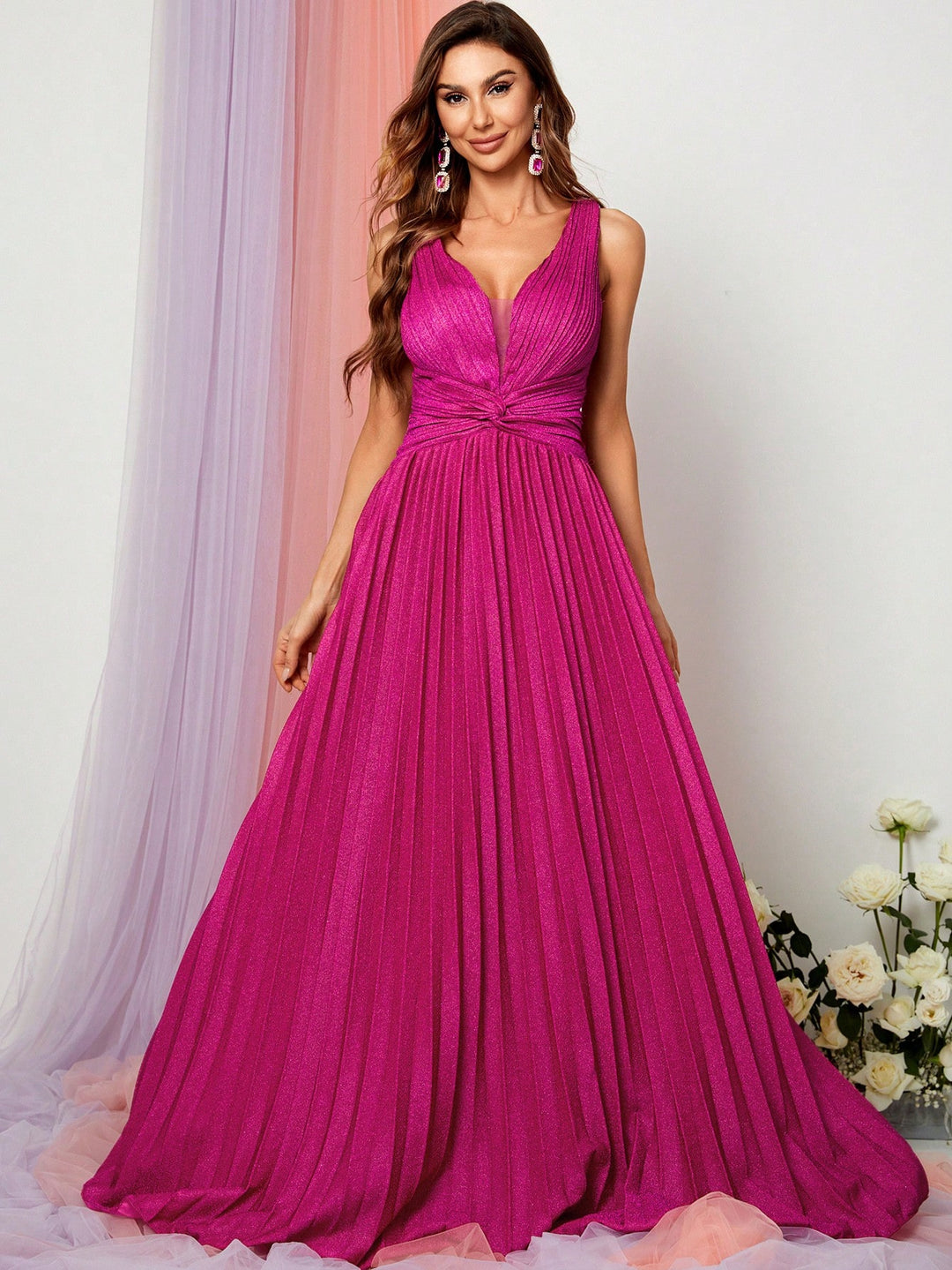 Glitter V Neck Sleeveless Maxi A Line Pleated Gown