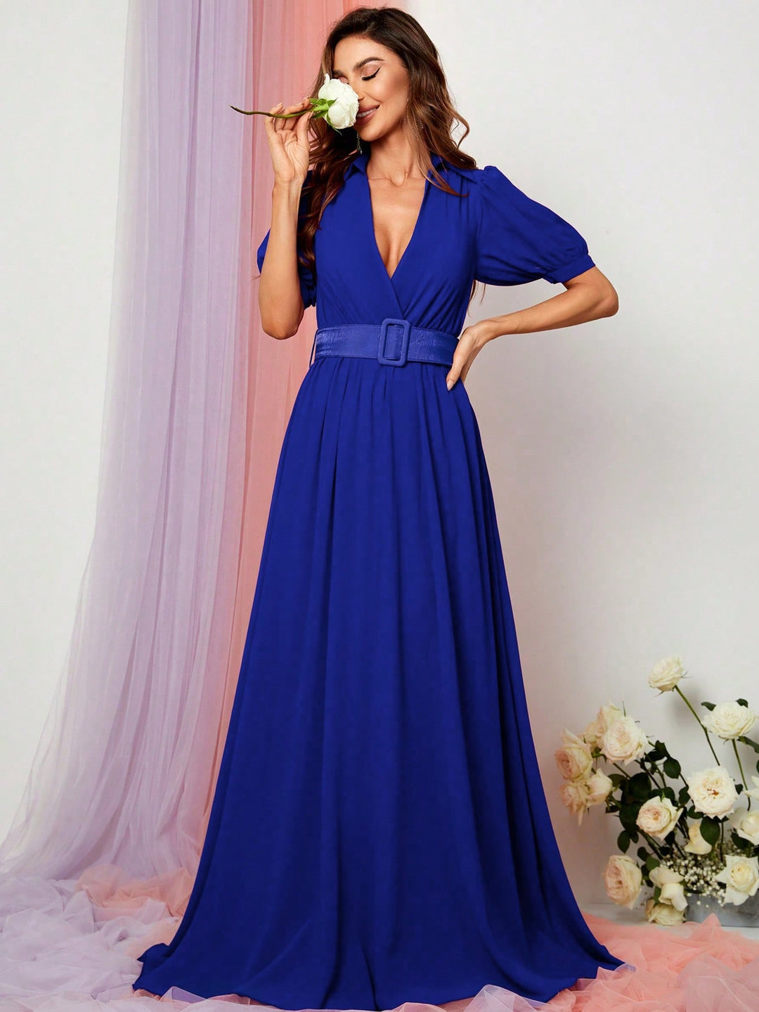 Deep V Neck Puff Sleeve Belted Maxi Dress