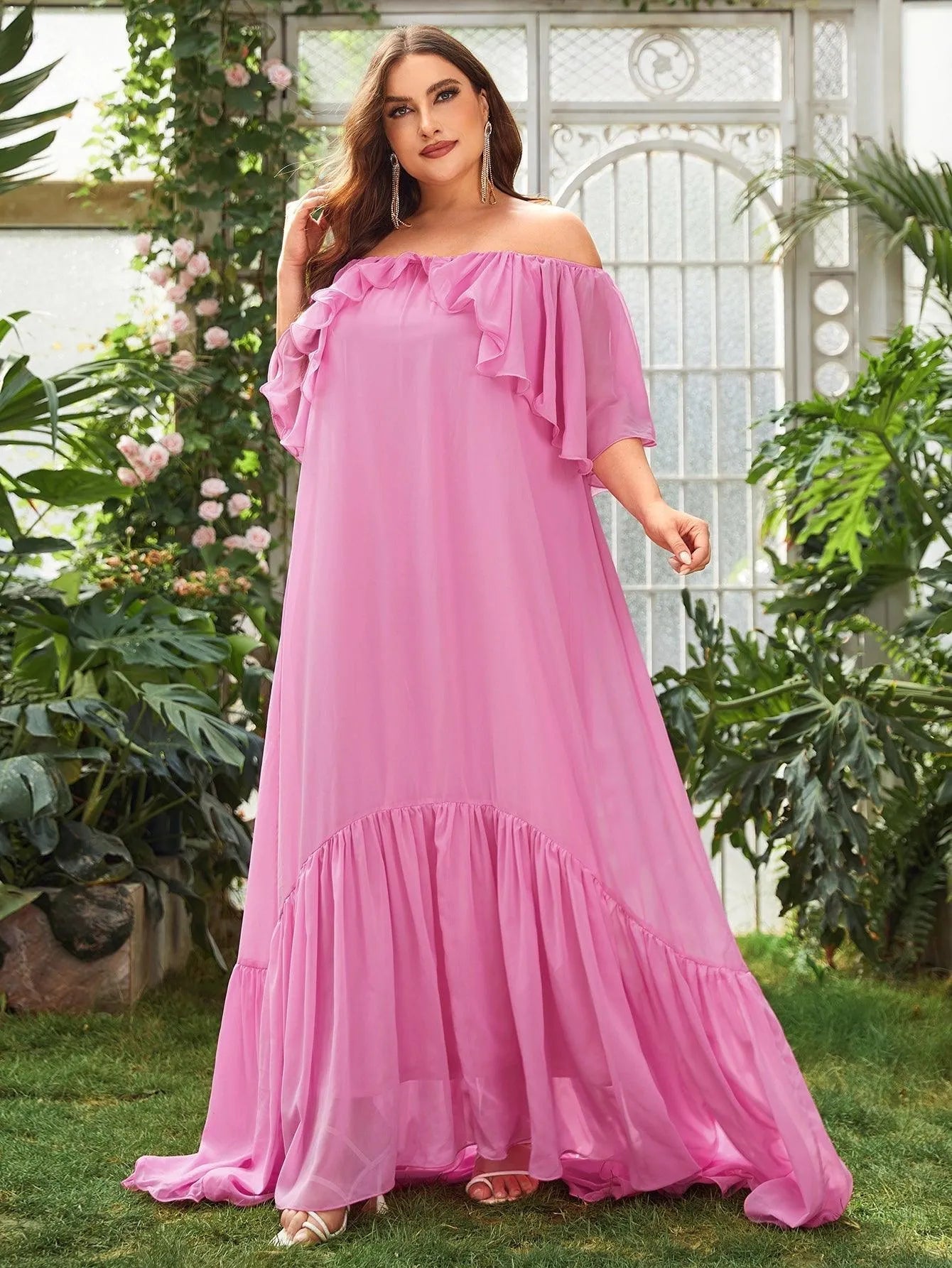 Plus Off Shoulder Ruffle Trim Chiffon Party Dress