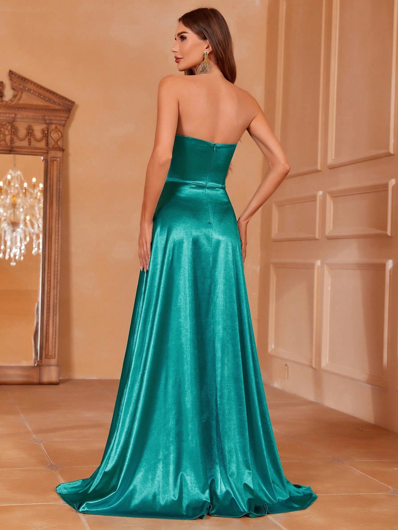 Twist Front Split Thigh Satin Tube Formal Dress