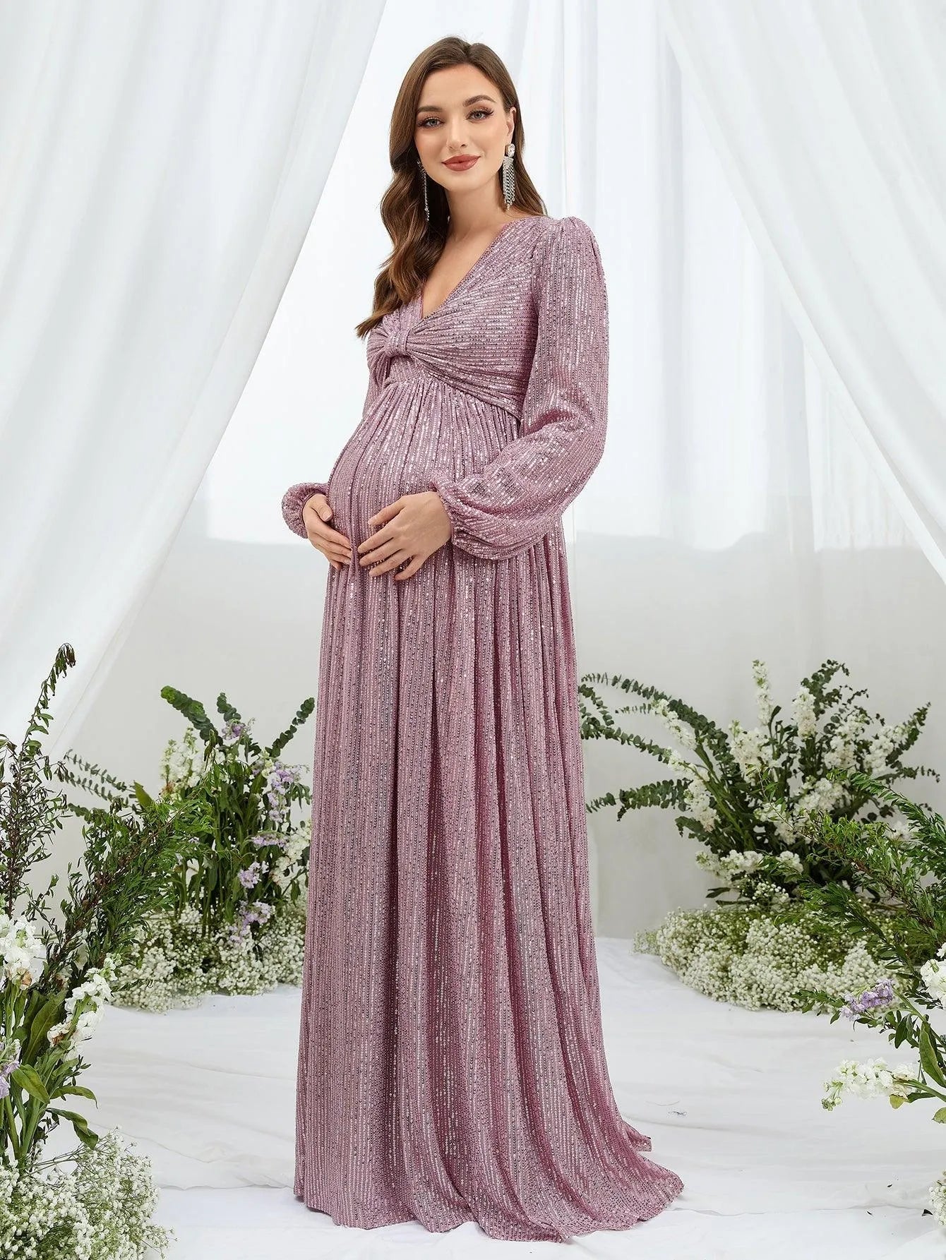 Maternity Ruched Bust Lantern Sleeve Sequin Party Dress