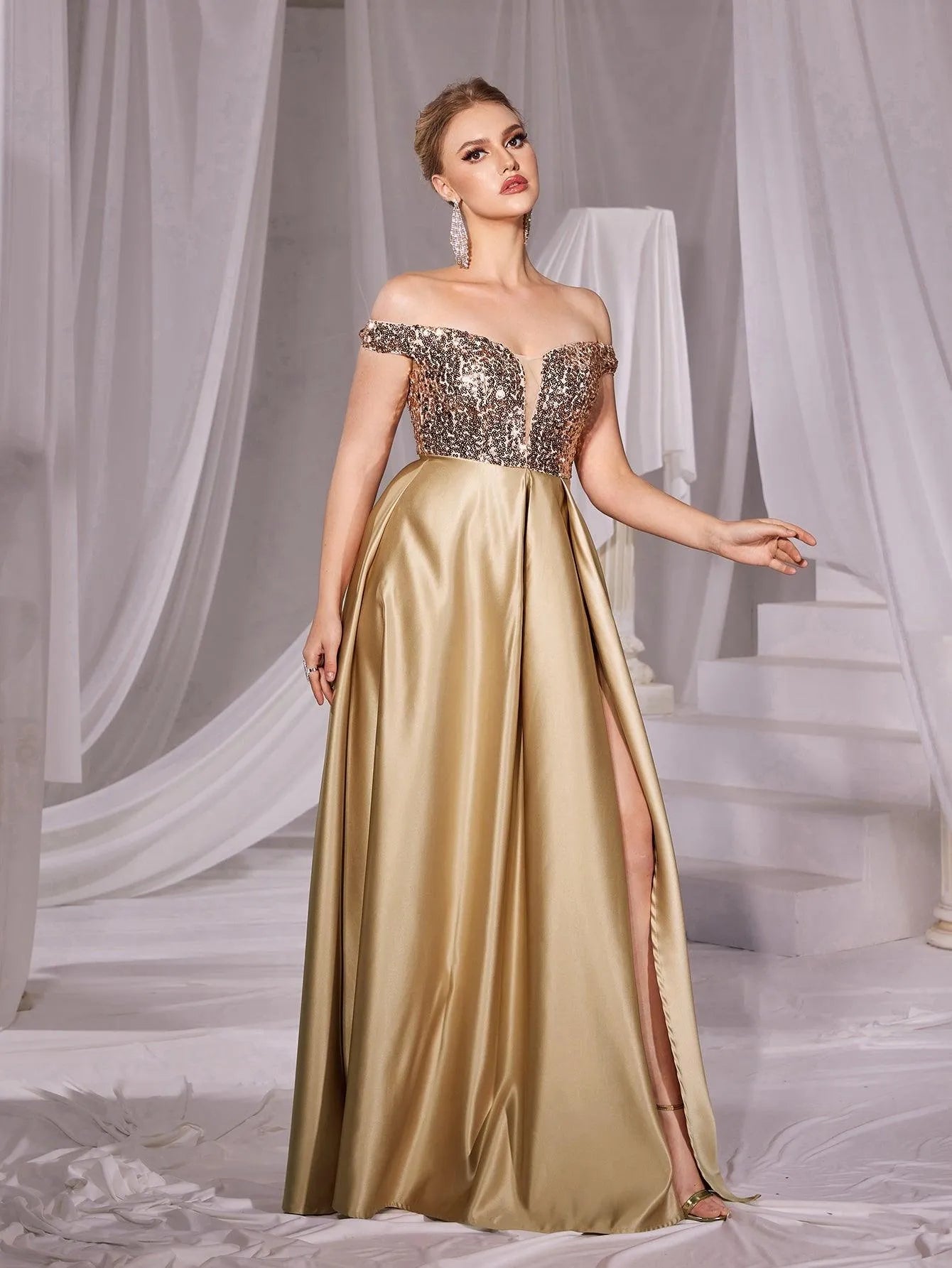 Off Shoulder Contrast Sequin Satin Prom Dress