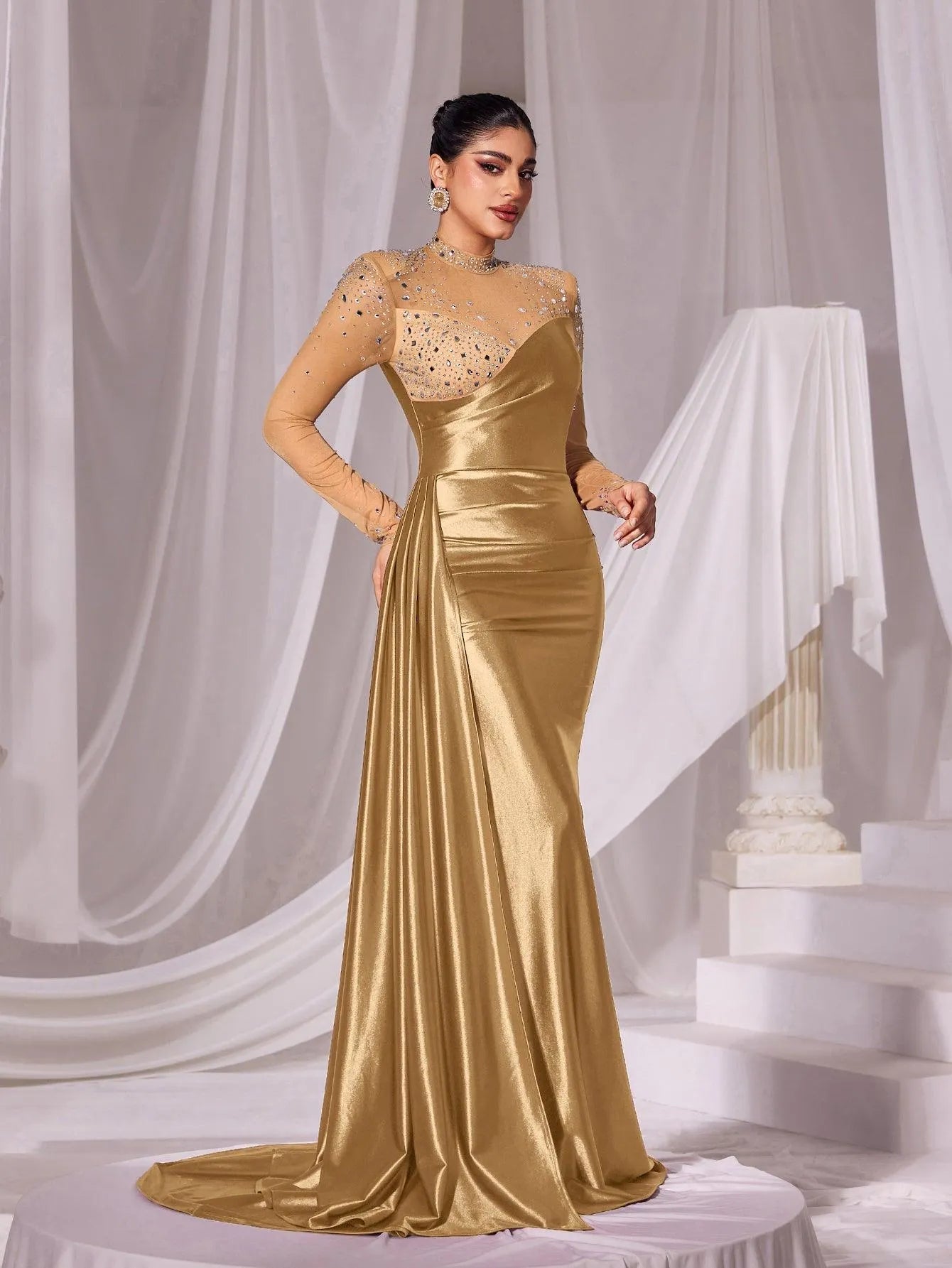 Rhinestone Detail Mock Neck Satin Mermaid Prom Dress