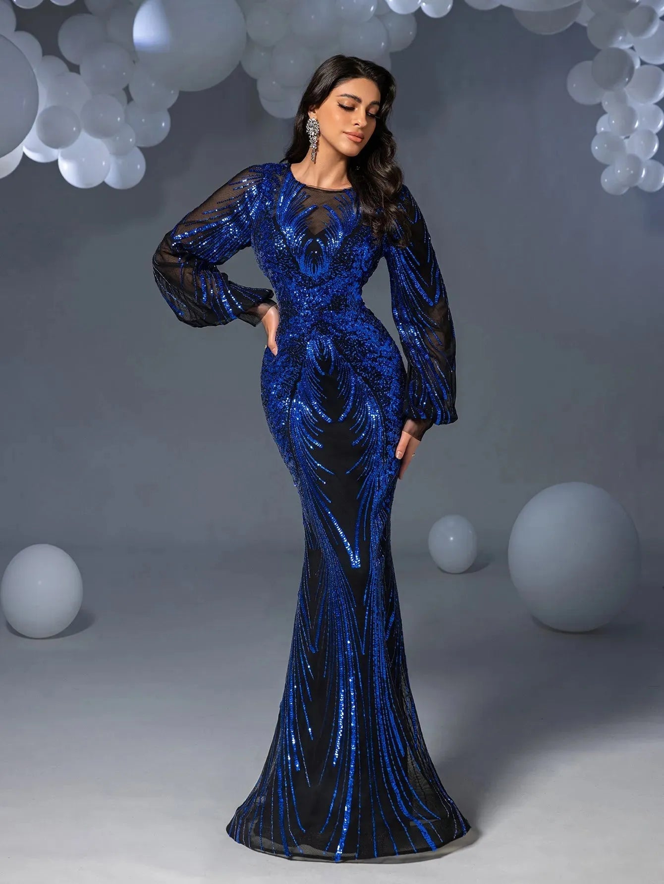 Gorgeous Lantern Sleeves Mermaid Hem Graphic Sequin Evening Dress