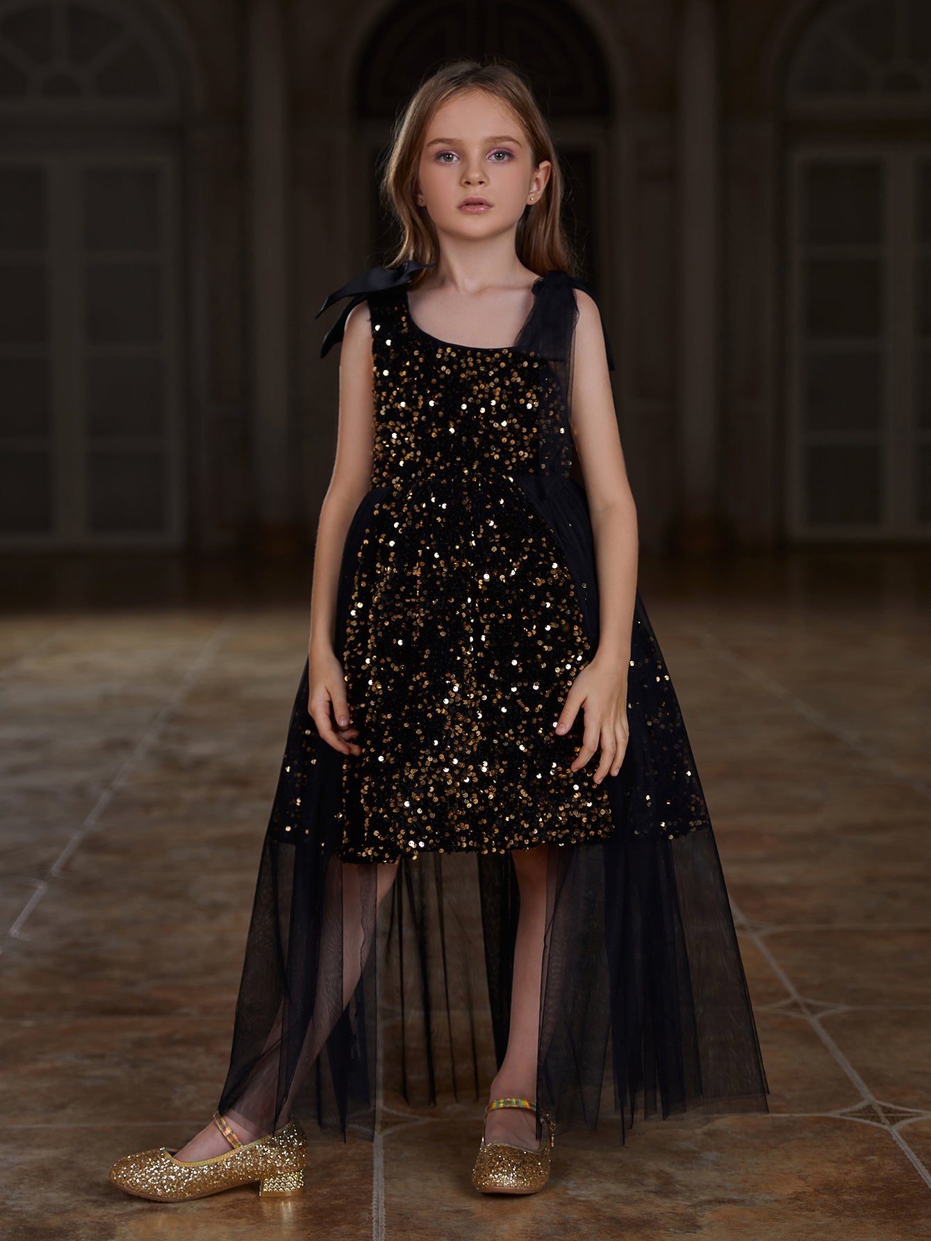 Girl's Cute Sleeveless Mesh Overlay Sequin Party Dress