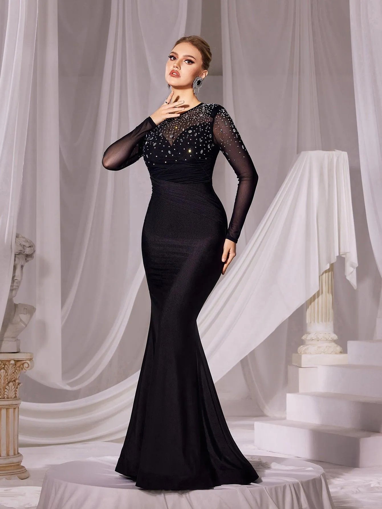 Rhinestone Detail Round Neck Long Sleeves Mermaid Dress