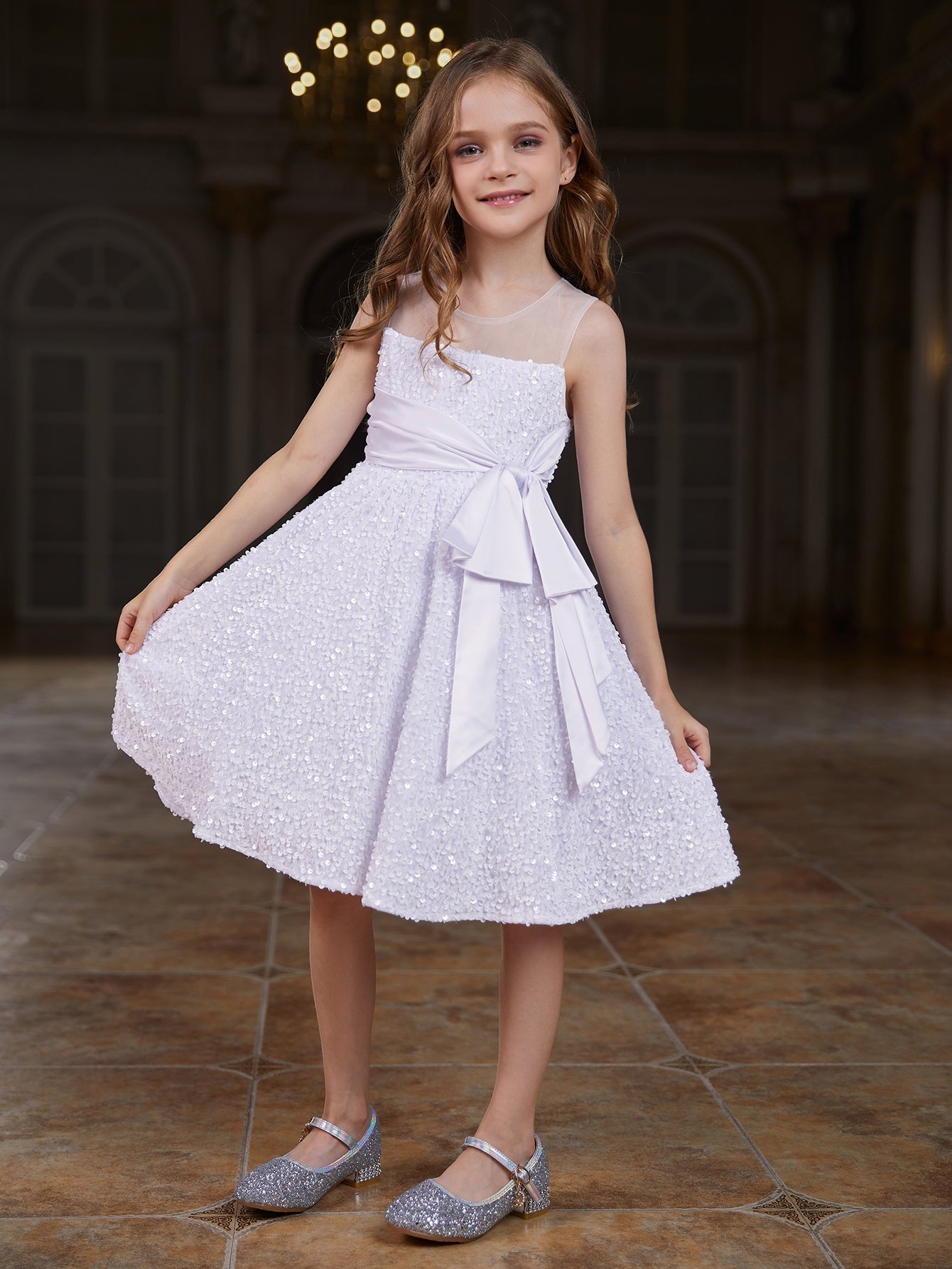 Girl's Cute Sleeveless Knot Side Sequin A Line Dress